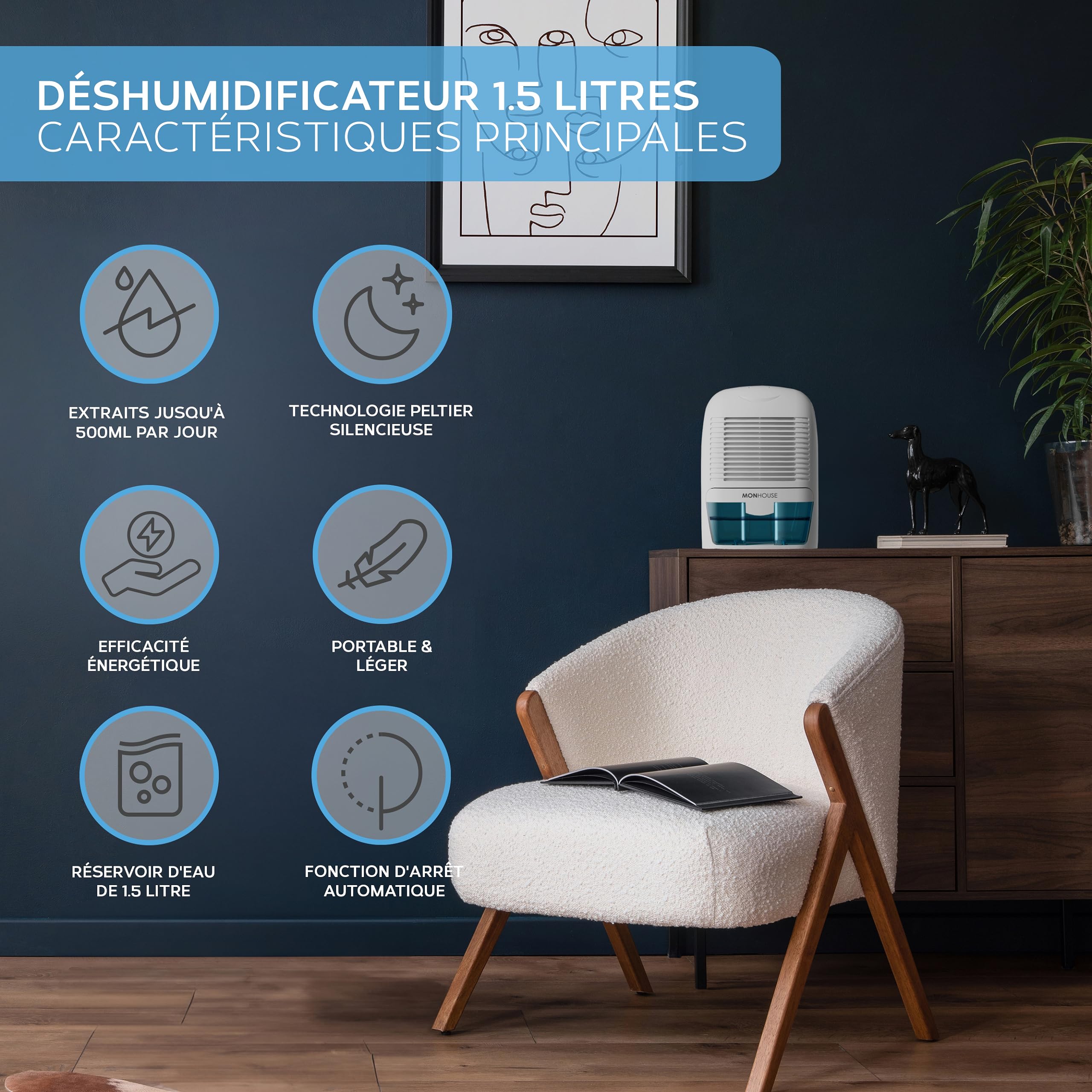 MONHOUSE Deshumidificateur 1500 Ml Absorbeur D humidite Portable - Mini Deshumidificateur D air Pour La Maison, La Chambre A Coucher, La Voiture, Le Bureau - Demoulant electrique - Blanc Et Bleu