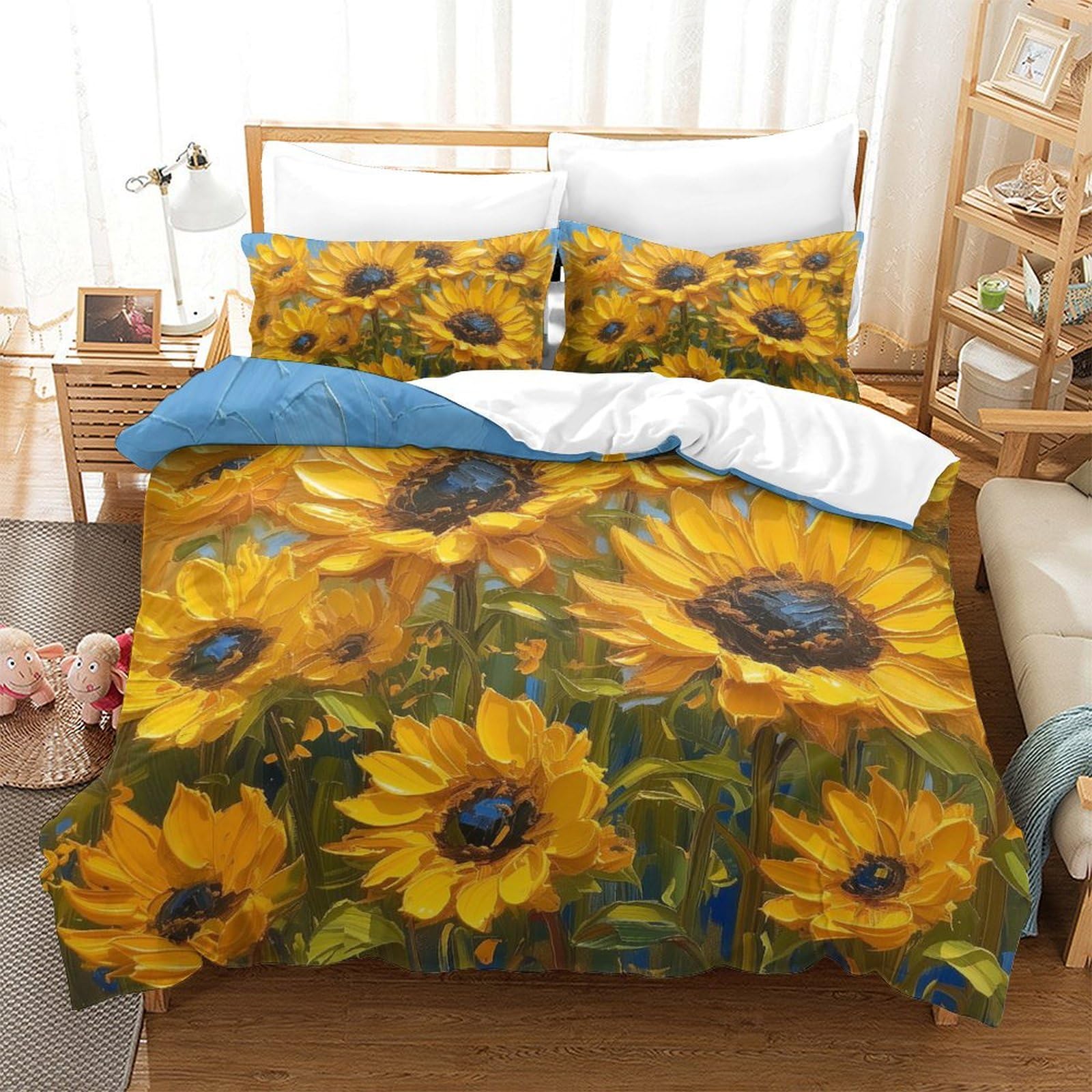 Housse de couette 220x240 tournesol 3D parure de lit microfibre respirante 3 pièces avec taies d'oreiller