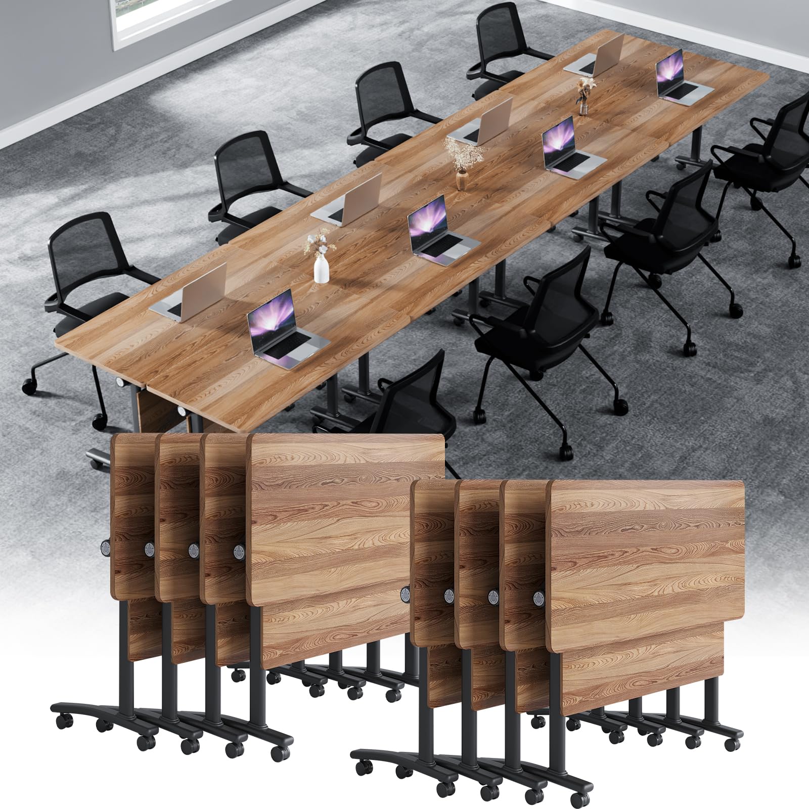 Conference Table, Folding Conference Room Tables with Silent Wheels, Foldable Modular Training Table, Modern Rectangle Seminar Meeting Tables for