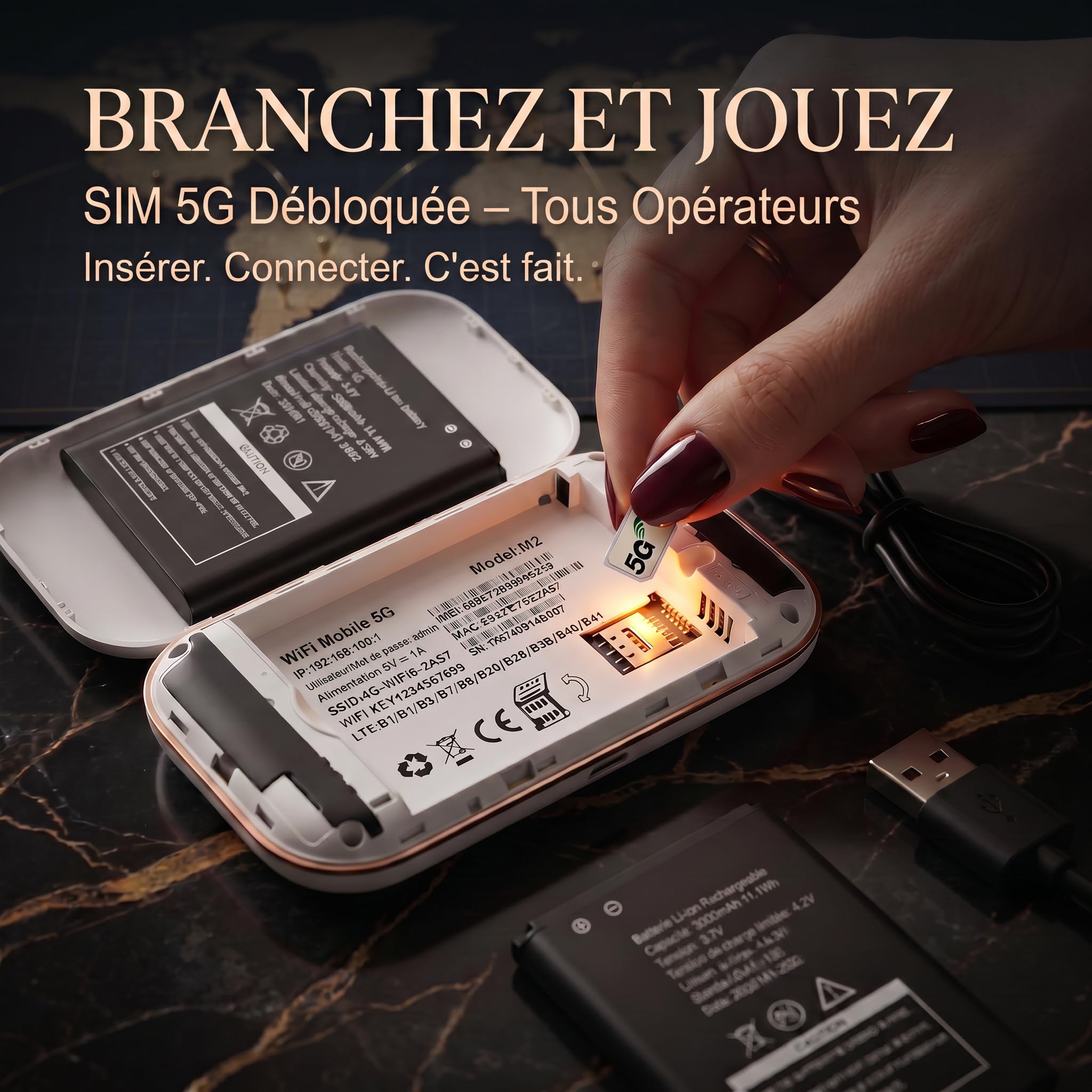 Routeur 5G Portable WiFi 6, 300Mbps, 32 appareils, 3000mAh, SIM Libre UE | WPA3 sécurise toutes vos données. 300Mbps pour 4K et visio. 27 pays UE automatique. Recharge USB-C. Aucune app à installer.