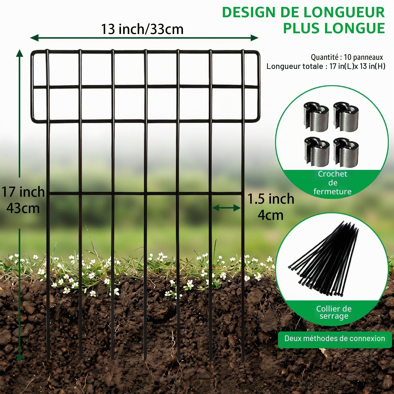Thealyn 10 Pack Barrière Animaux de Jardin en Métal Décorative, Hauteur 17 po (43 cm) X Largeur 13 po (33 cm), Longueur Totale 10,8 Pieds (3,3 m), Clôture de Jardin sans Creusage pour Délimiter