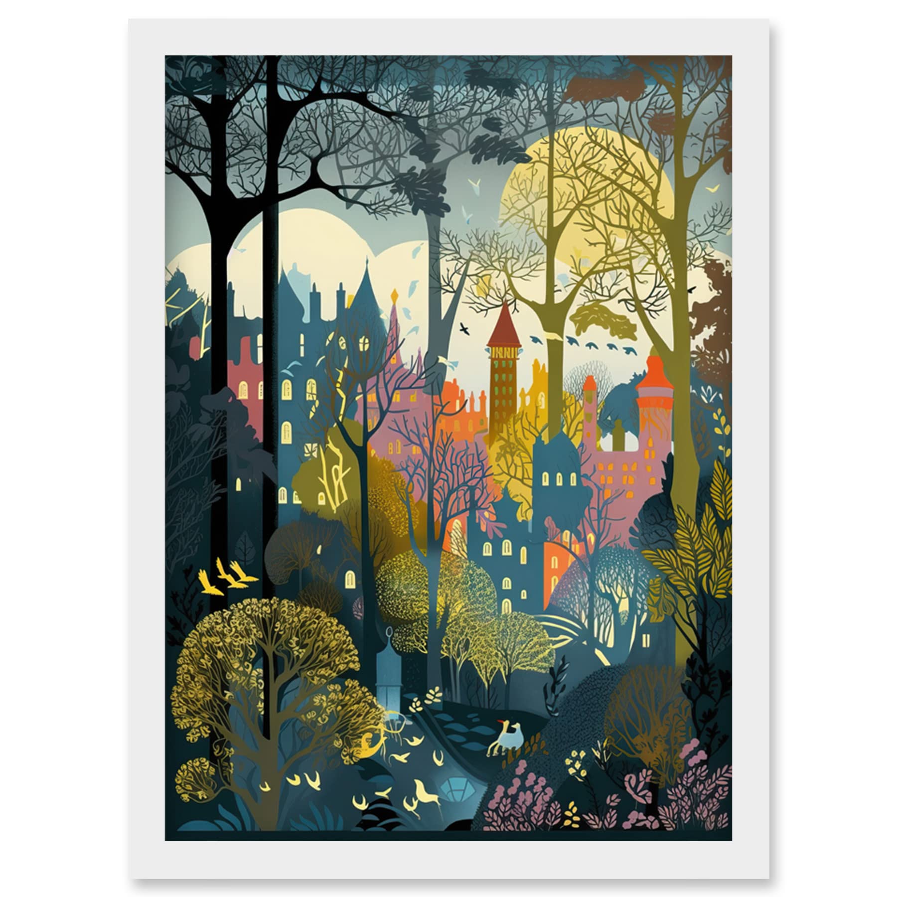 Artery8 Village Through Sherwood Forest Tree Landscape Artwork Framed Wall Art Print A4