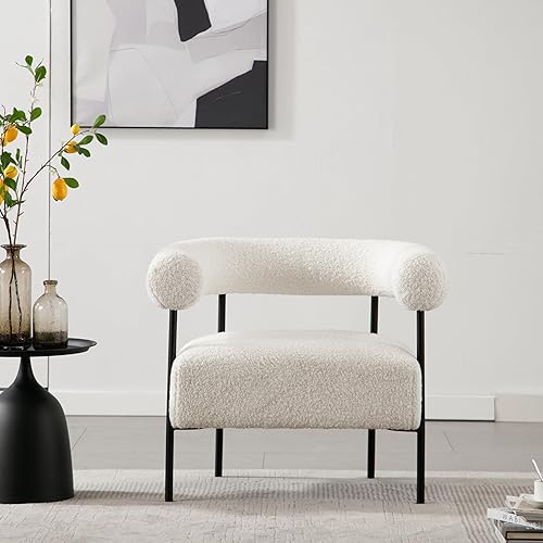 Miniatura 3 de Boucle - Silla decorativa moderna con respaldo curvo, pequeña silla de tocador para sala de estar, sillón de barril de sherpa cómodo blanco con