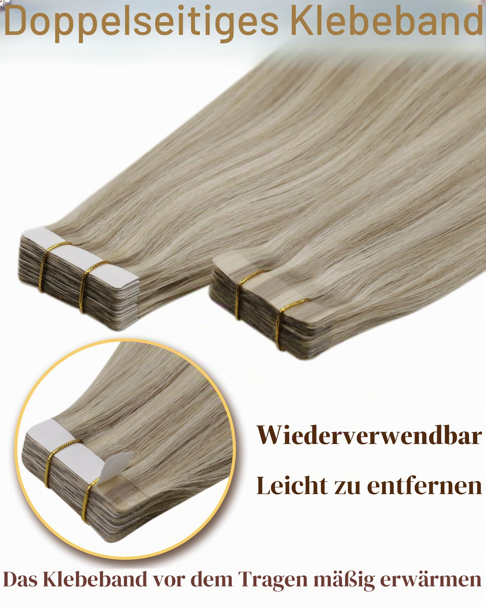 Hetto Tape Extensions Echthaar, Mittelblond mit Hellblonden Highlights, 60cm