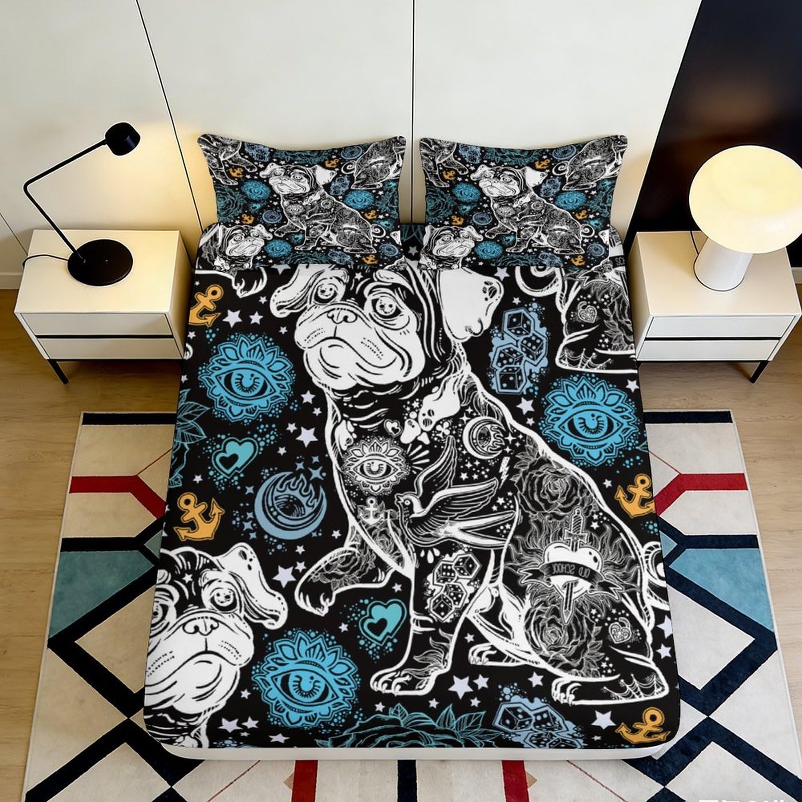 Uxinyoume Style-5 3D Printed Bulldog Graffiti Fitted Sheet Microfiber Non Slip Bed Cover Urban Art Bedroom Decor Machine Washable 90X200x25cm