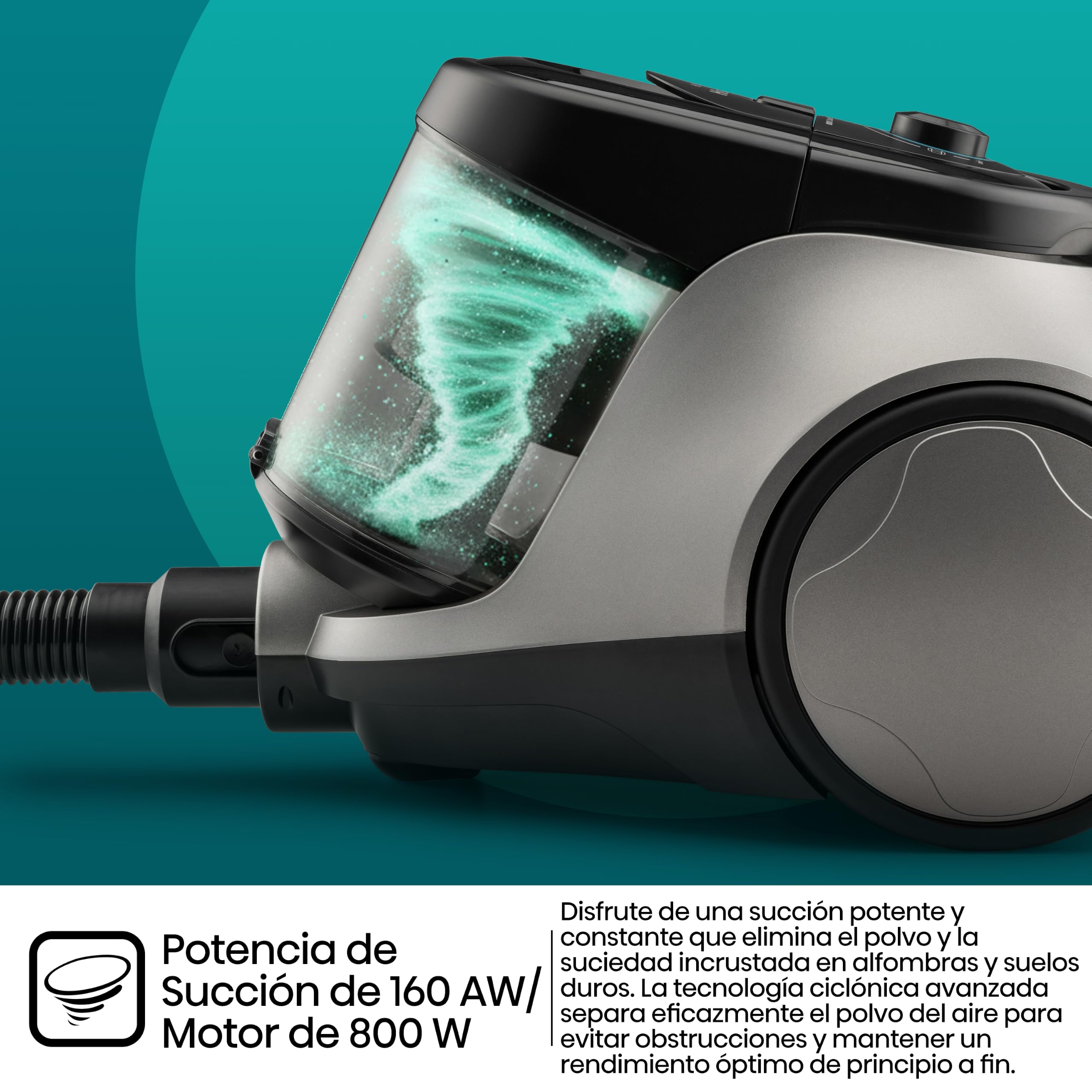 Hisense HVC20E3H2TPA Aspiradora Trineo ciclónica sin Bolsa, Cepillo HI2 Textil y Mascotas, Potente succión de 160W, Tubo telescópico metálico y Boquilla con Cepillo 2 en 1 para Suelos Duros