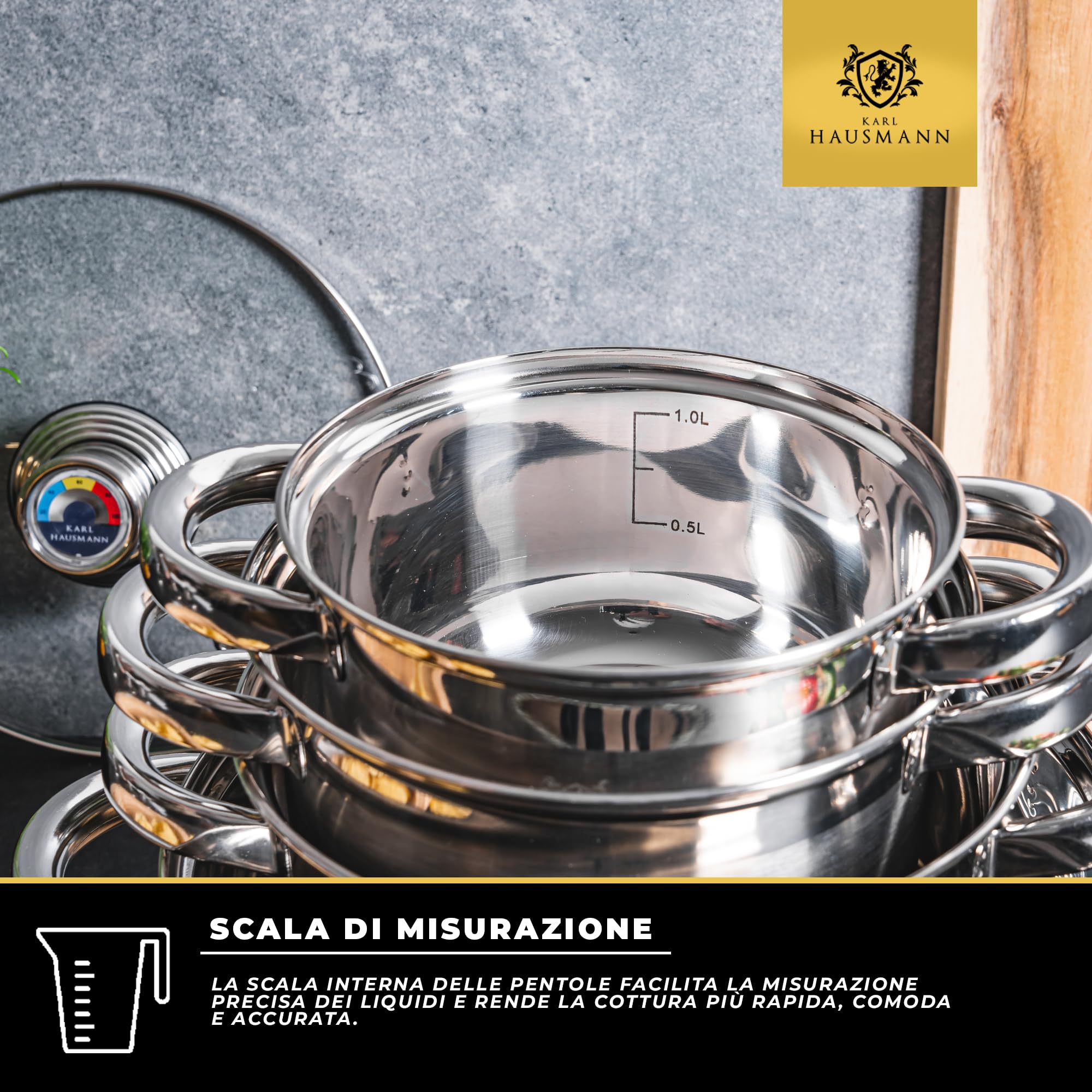 KARL HAUSMANN Set Pentole 4 Pezzi Acciaio Inox con Coperchi Termometro - Batteria Cucina Induzione, Pentole per Uso Quotidiano, Gas, Elettrico, Vetroceramica, 4 Misure