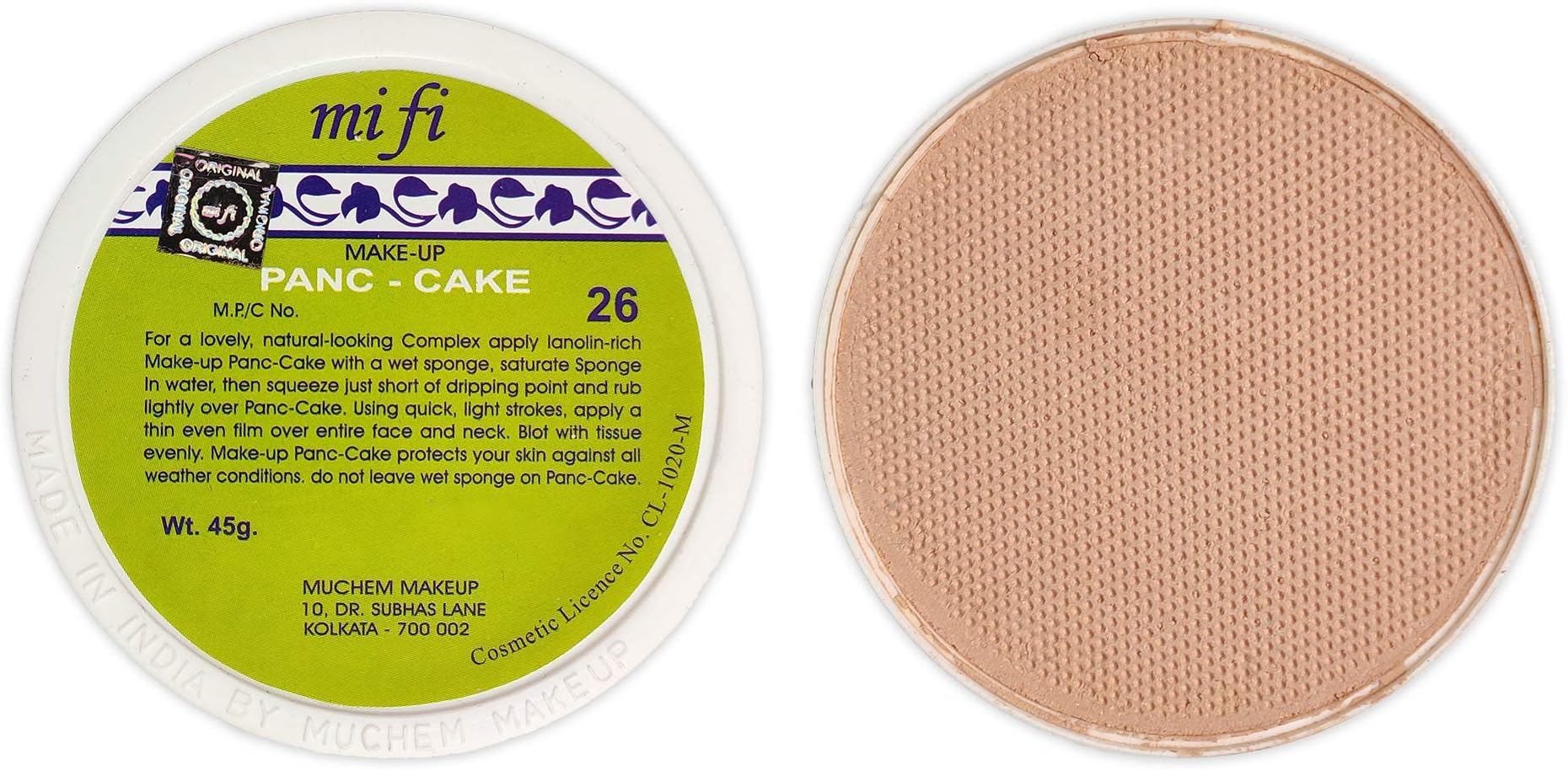 MiFi Makeup Powder Natural Pan Cake for Light Coverage Normal Skin - Shade No. 26, 45g (New Shade)