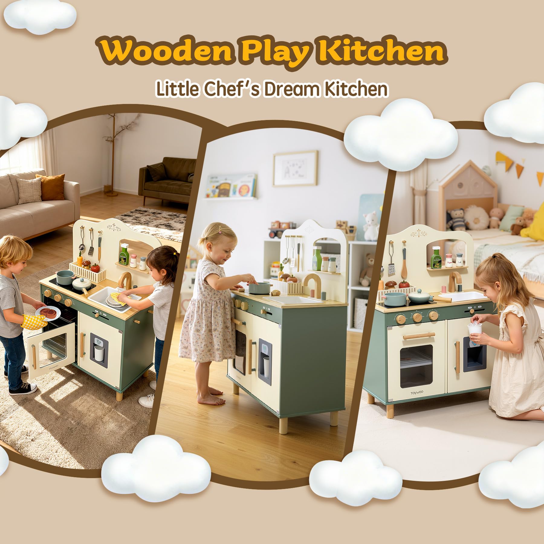 TOYWOO Kinderküche Holz mit Licht & Sound, Spielküche für Kinder ab 3 Jahren mit Schneidelebensmittel-Set, Spülbecken, Herd & Mikrowelle, Pädagogisches Rollenspielzeug Geschenk für Mädchen Jungen