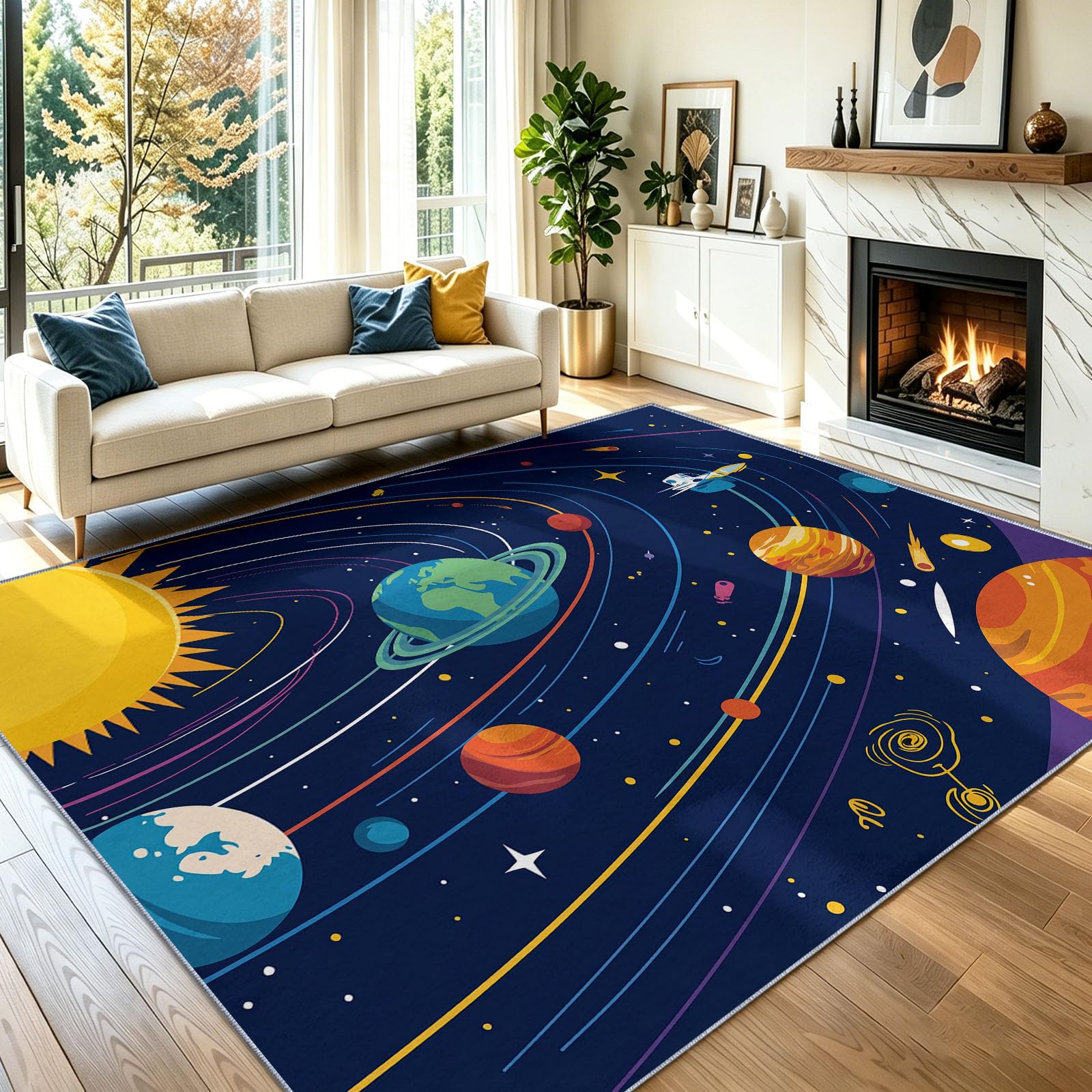 Geometrisch Abstrakt Kinderteppich Sonnensystem Planeten Sternenhimmel Umlaufbahnen, 180 x 240 cm | waschbar Pflegeleicht rutschfest strapazierfähig hautsympathisch, Schlafzimmer Wohnzimmer Esszimmer
