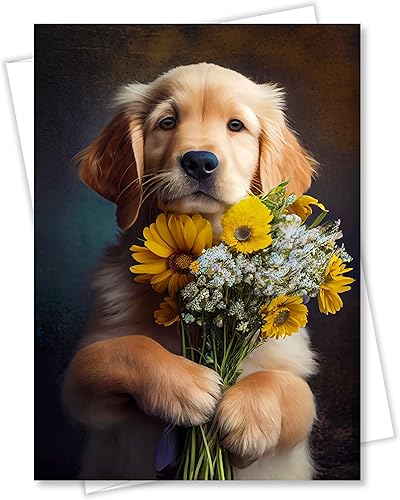 Golden Retriever - Tarjeta de felicitación para todas las ocasiones, perro con flores de perros únicos, colección Party Delights, grande, 5 x 7