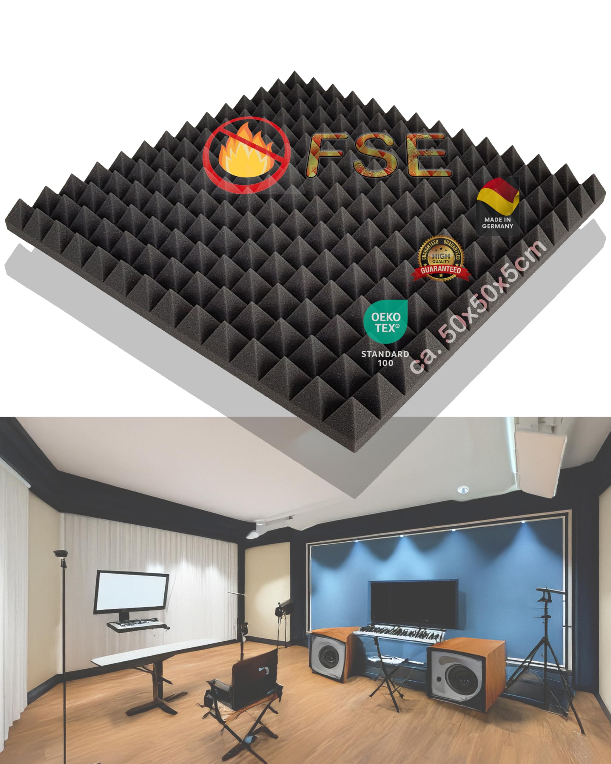 80x Pyramiden-Schaumstoff je ca. 50x50x5cm, Anthrazit Schwarz, FSE (flammhemmend nach MVSS302) Schaumstoff, Noppenschaum, Akustik, Dämmung, Schallschutz