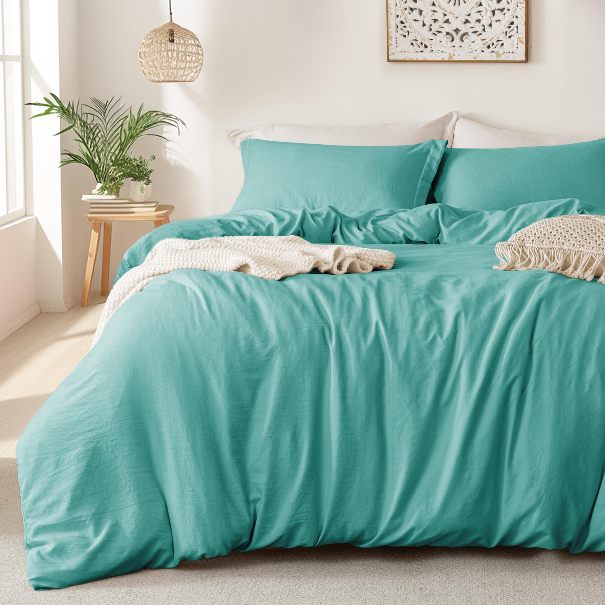 MILDLY Super Soft Duvet Cover - 100% Washed Microfiber Turquoise Comforter Cover Set 3 Pieces with Zipper Closure & Corner Ties (No Comforter)