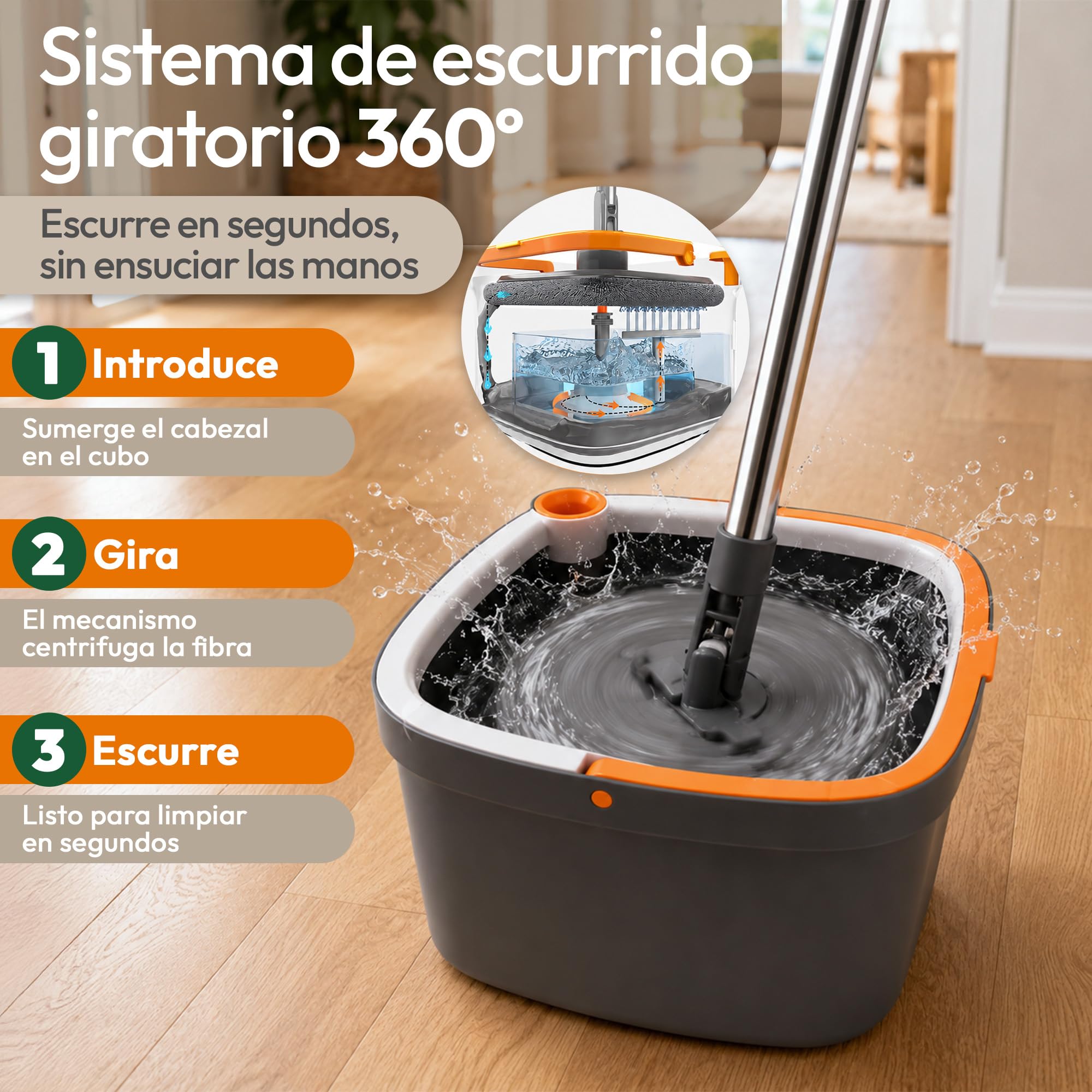 Mopa Fregona con Cubo Escurridor, Fregona Plana de Microfibra con Escurrido Giratorio, Cubo Doble Agua Limpia y Sucia, Limpieza Fácil para Hogar