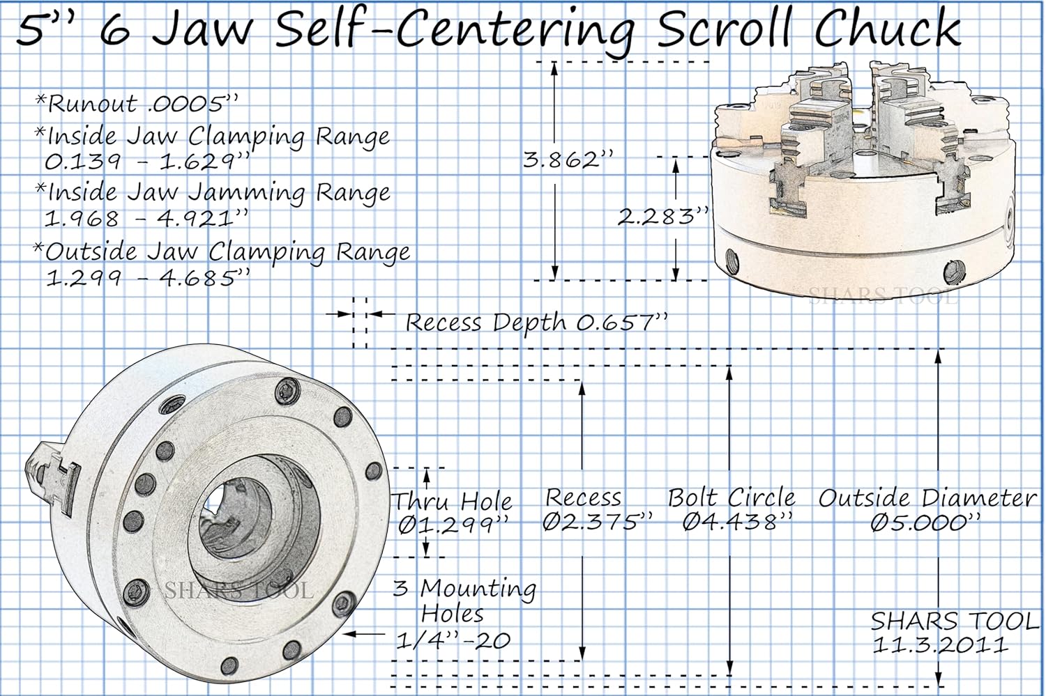 Shars 5" 6 Jaw Adjustable Universal Lathe Chuck .0005 TIR + Certificate NEW 202-6556 L[