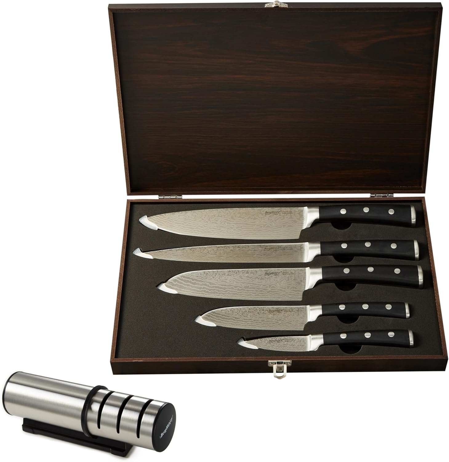 Berghoff Antigua 7Pc Stainless Steel Cutlery Kitchen Knife Set with Wood Case & Sharpener, PP Handle With Three-rivets Sharp Blade