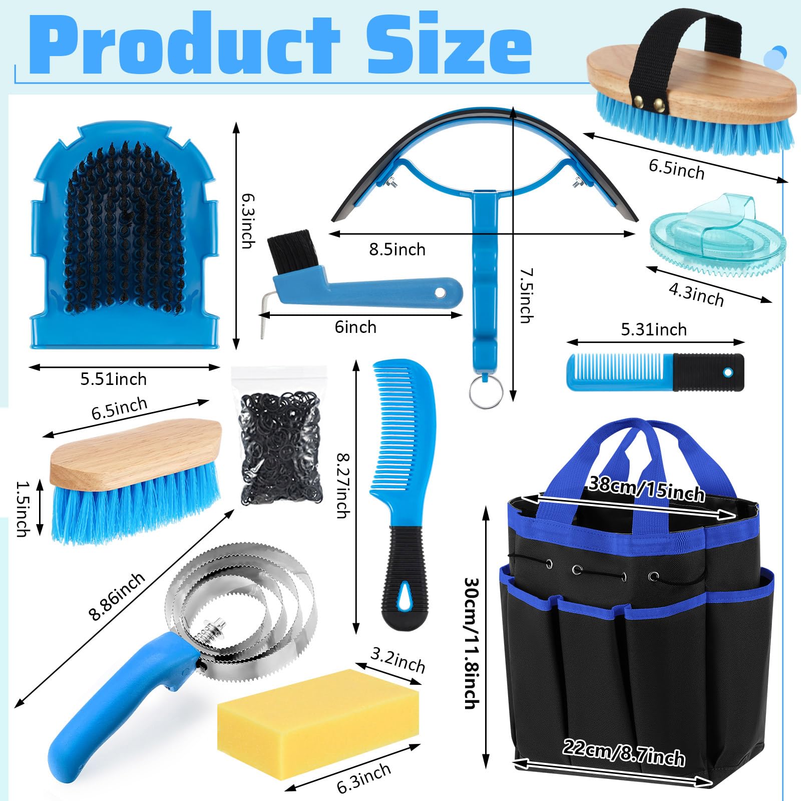 Abbylike Pferdepflegeset mit Organizer, Tragetasche, Putzzubehör, Pferdebürsten-Set, Pferdepflege, Reinigungsset, Fellpflege, Massagewerkzeuge (blau), 12-teilig
