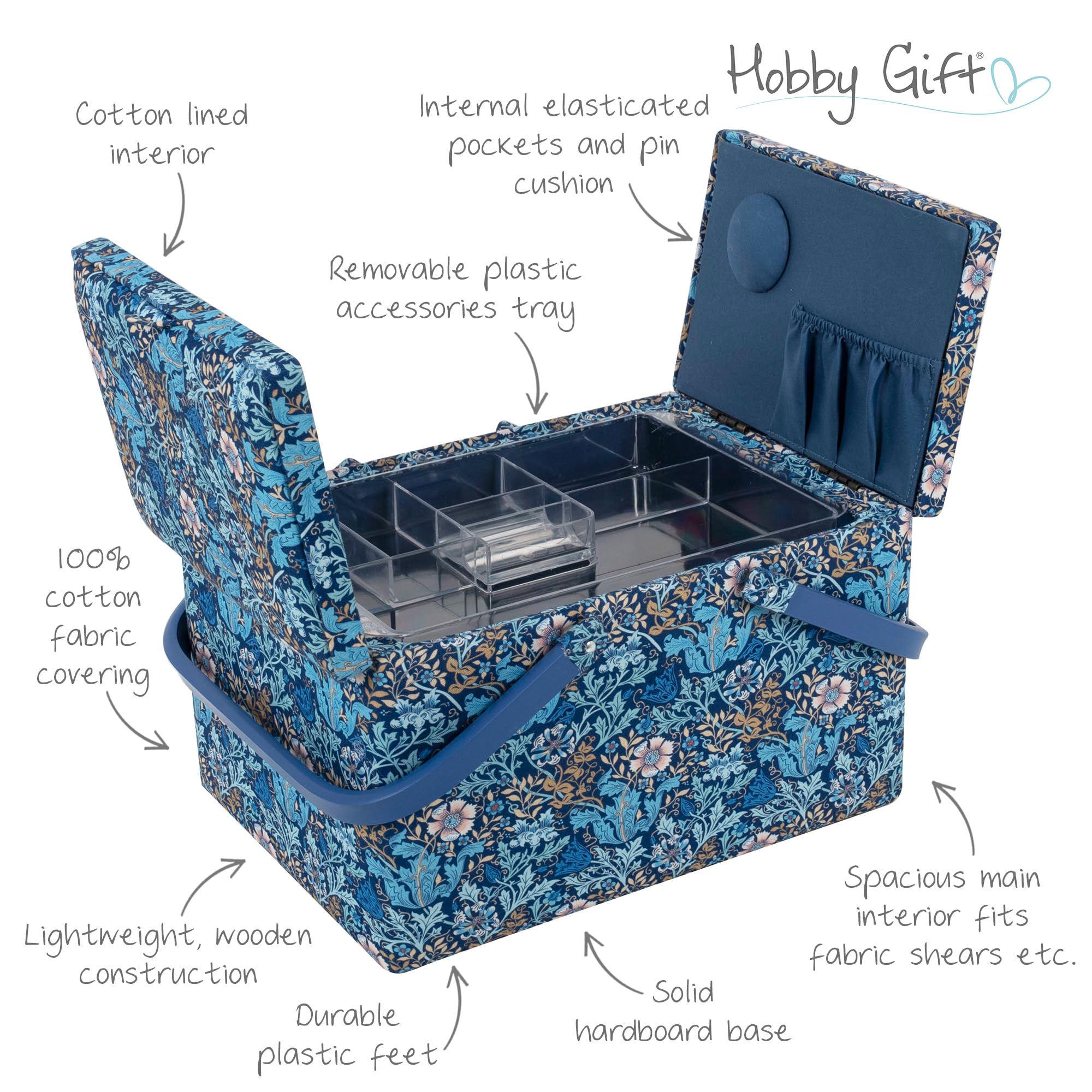 Hobby Gift Großer Nähkasten – Doppeldeckel, Baumwollstoff mit Holzblock-Blumenmuster, mit Kunststoffgriff, Innenschale aus Hartplastik mit Fächern, Deckel mit Tasche und stilvollem 21x30,5x19,5cm