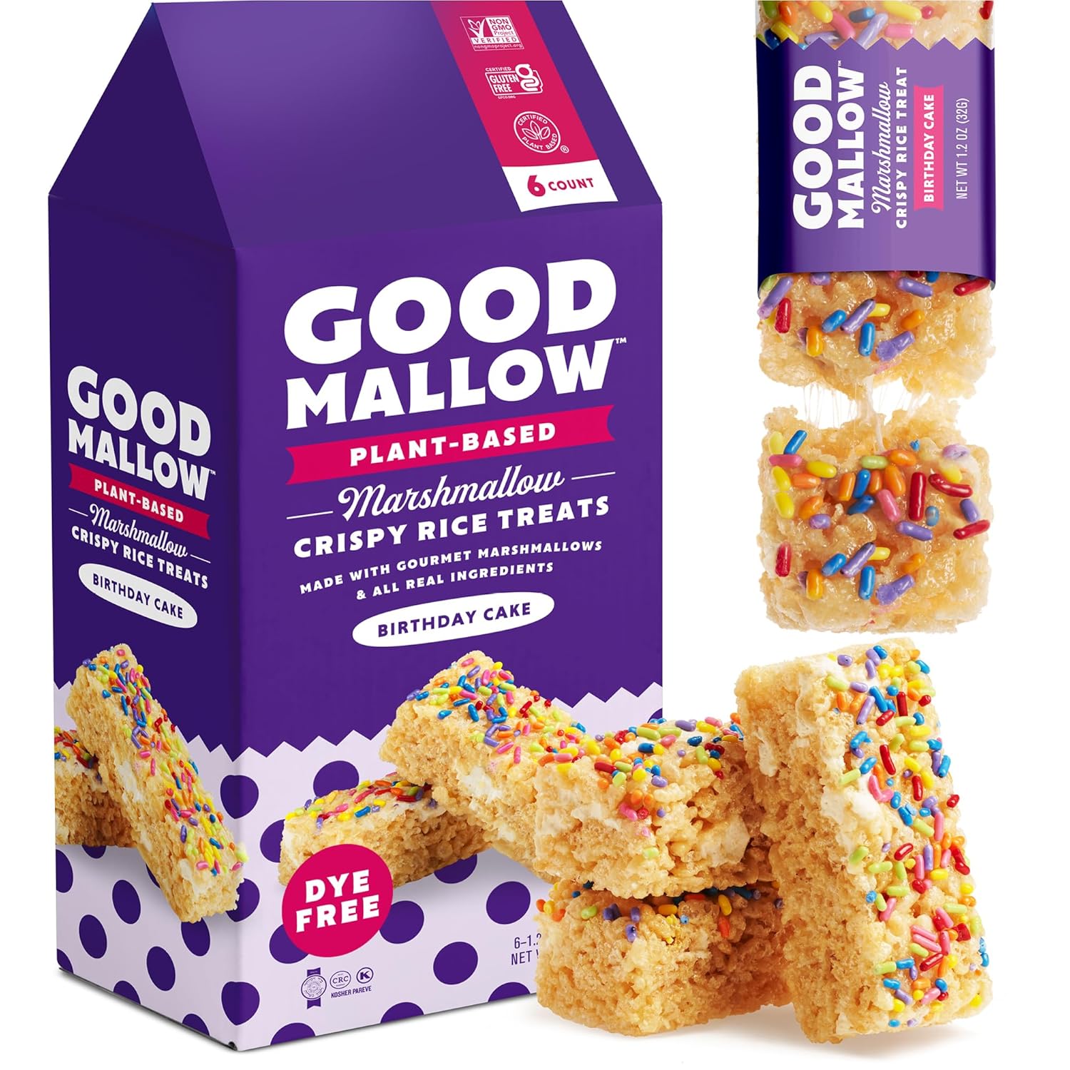 GoodMallow Vegan Rice Crispy Treats Individually Wrapped Box of 6, Kosher Vegan Snacks, Gluten Free Dairy Free Snacks for Kids & Adults – Healthy Sweets Made with Gourmet Marshmallows (Birthday Cake)