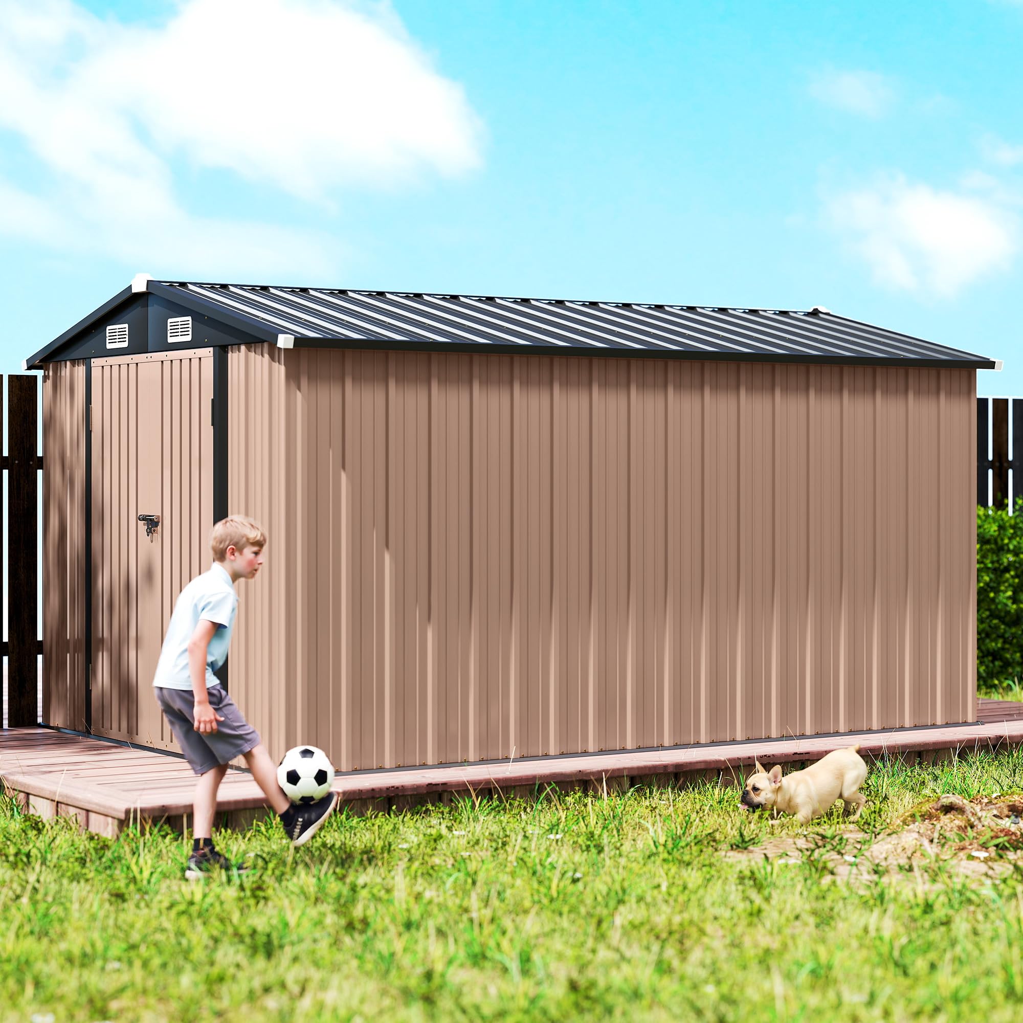 Outsunny Casetta da Giardino 8.1m² Acciaio Zincato con Prese d'Aria Doppia Porta Bloccabile Tetto Inclinato 238x364x194 cm Marrone