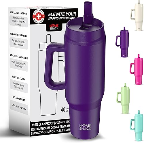 HOMESHACK Vaso de 40 onzas con asa y tapa plegable con popote  Botella de agua de acero inoxidable aislada a prueba de fugas  Taza de viaje para