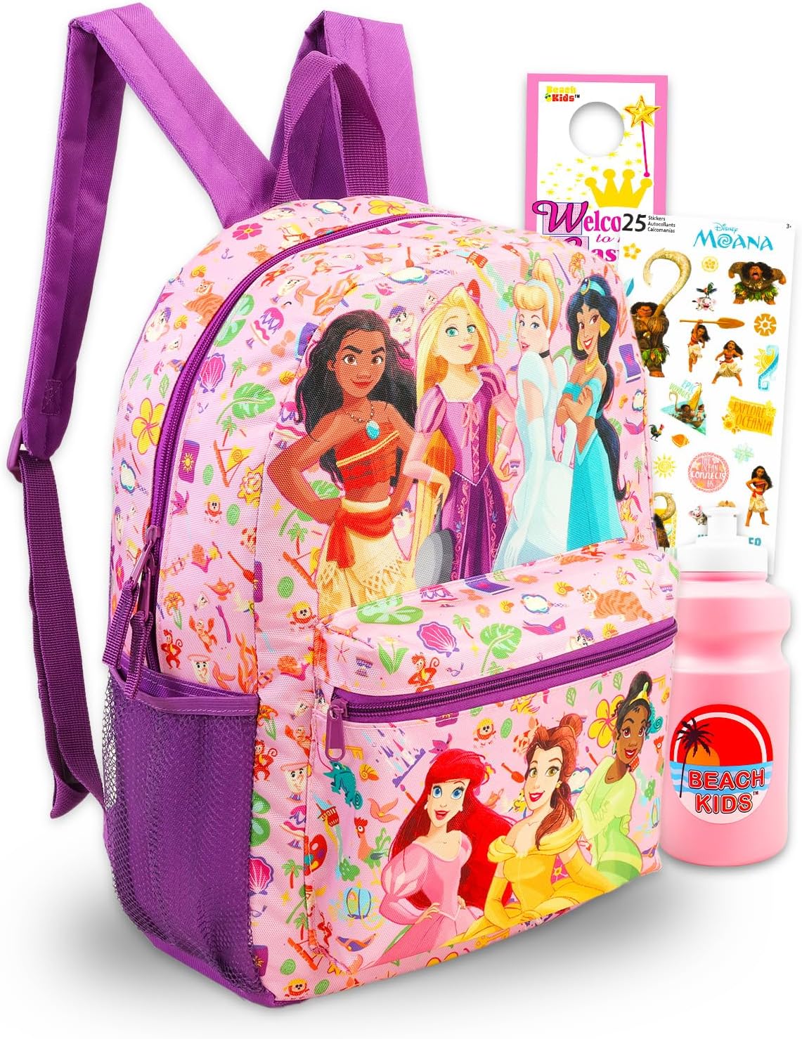 Disney Princess Backpack for Girls - Bundle with 16" School Bag Featuring Ariel, Rapunzel, Cinderella, Moana Plus Water Bottle, Stickers, More | Disney Princess School Bag for Girls