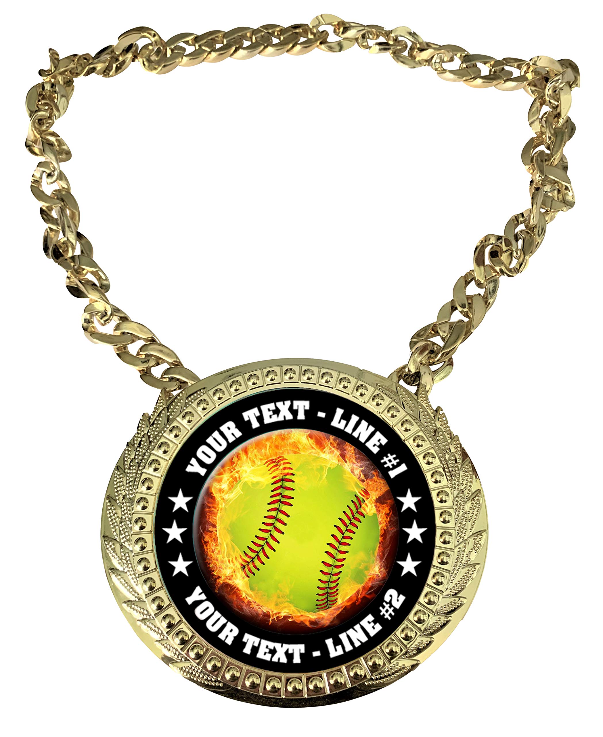 Express MedalsCustom Flame Softball Champ Chain Trophy with 2 Lines of Personalized Text on a Large Rigid Plastic Award Medal and 34 Inch Long Gold Color Neck Chain. EMFCL805