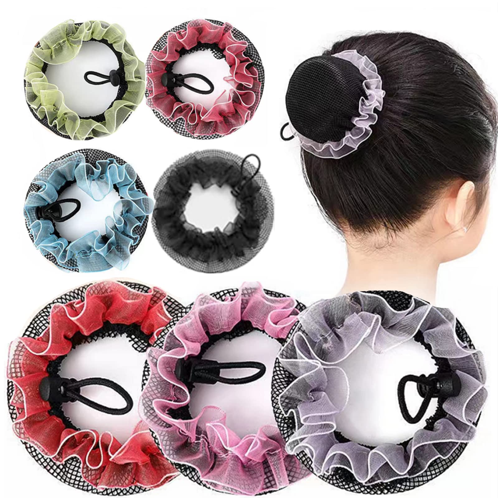 AsggBah 7pcs Colored Bun Hair Nets, Small Sized 7.5cm/2.95", Elastic Mesh, Reusable with Drawstring for Girls Kids Hair Fixing
