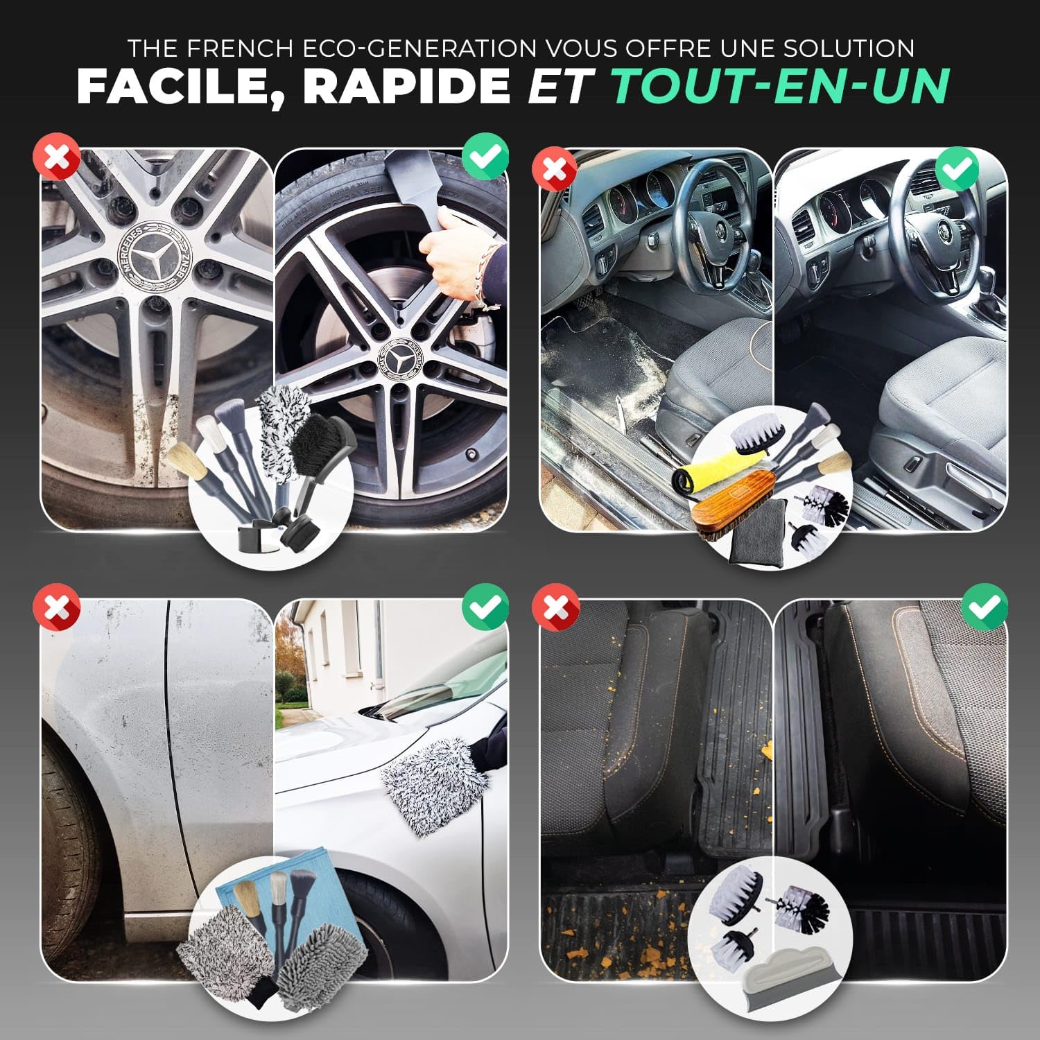 Kit Nettoyage Voiture 17 Pièces, Detailing Auto Professionnel | Gant Lavage, Brosse Jante, Microfibre, Pinceau, Tampon Applicateur, Sacoche de rangement incluse, Intérieur & Extérieur, Moto Compatible