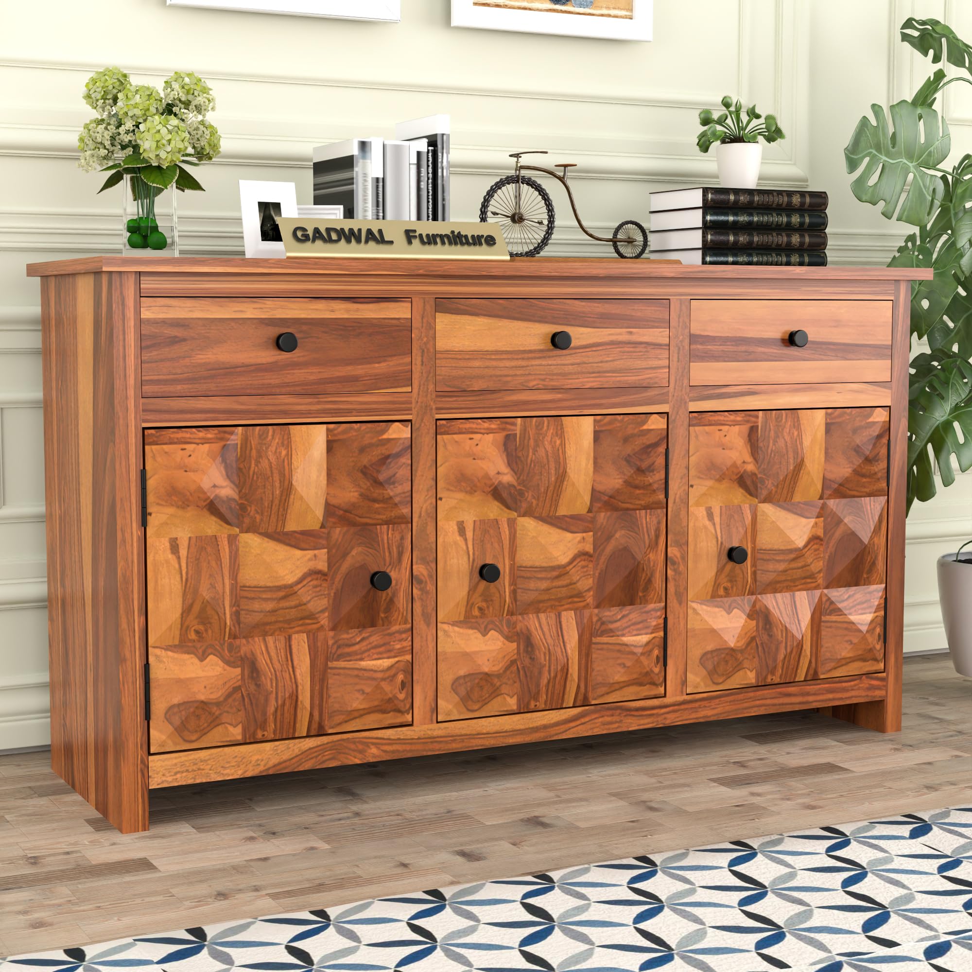 Solid Sheesham Wood Wooden Cabinet Sideboard with 3 Drawers and 3-Door Storage Chest of Drawer for Your Stylish Living Room, Bedroom (Paloma, Honey Finish)-image-32