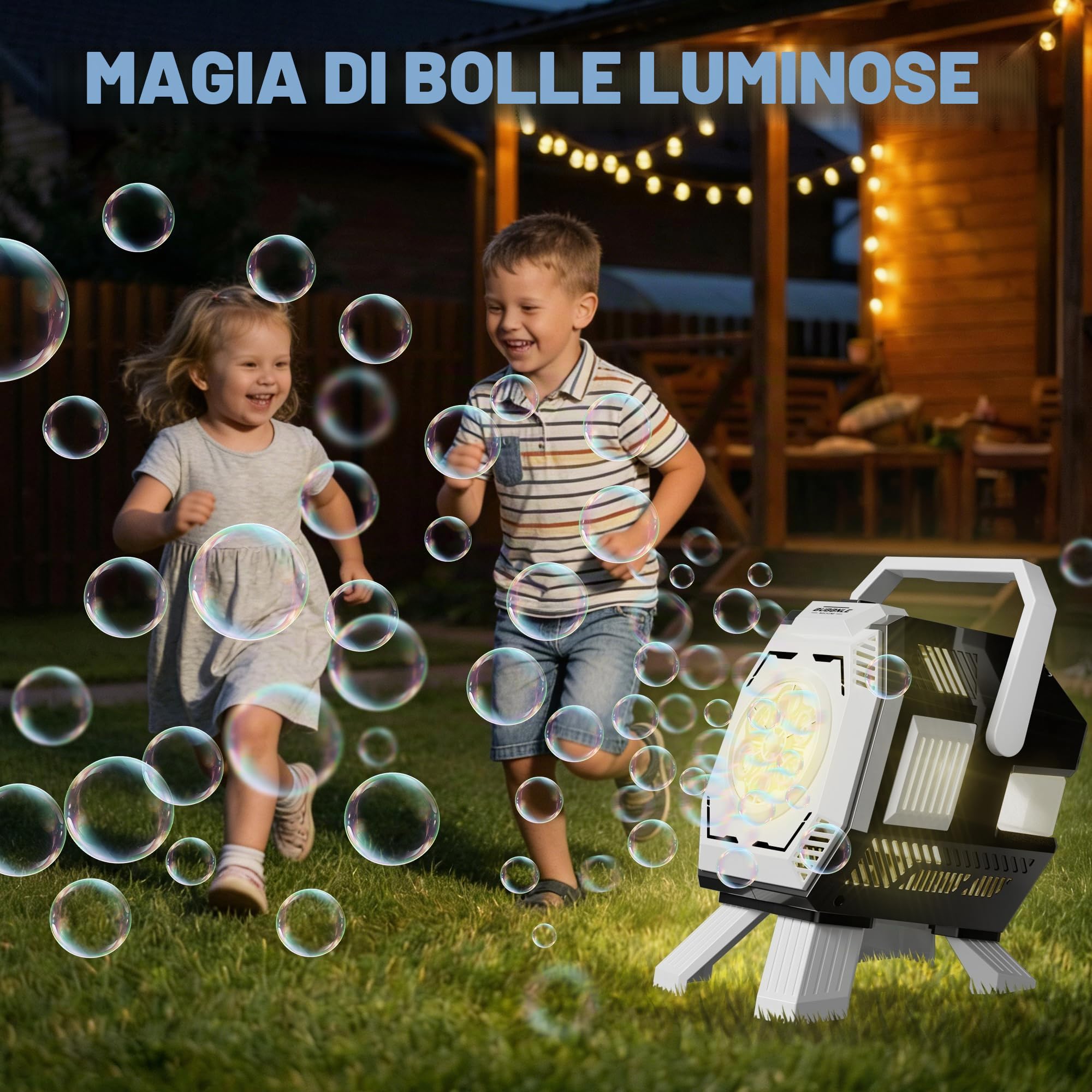 Belemar - Macchina per Bolle per Bambini con Luci, 6 Grandi Fori per Bolle, Fino a 15.000 Bolle/Min, Serbatoio Grande da 320ml, Soffiatore per Bolle Portatile A Batteria per Bambini Piccoli, Feste di