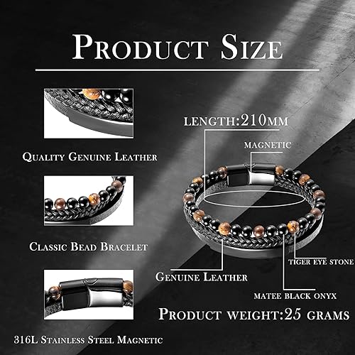 Miniatura 6 de Raymard Pulsera de cuentas de piedra volcánica de piedra volcánica de ónix negro y ojo de tigre mate para hombre, pulsera de cuero trenzado negro