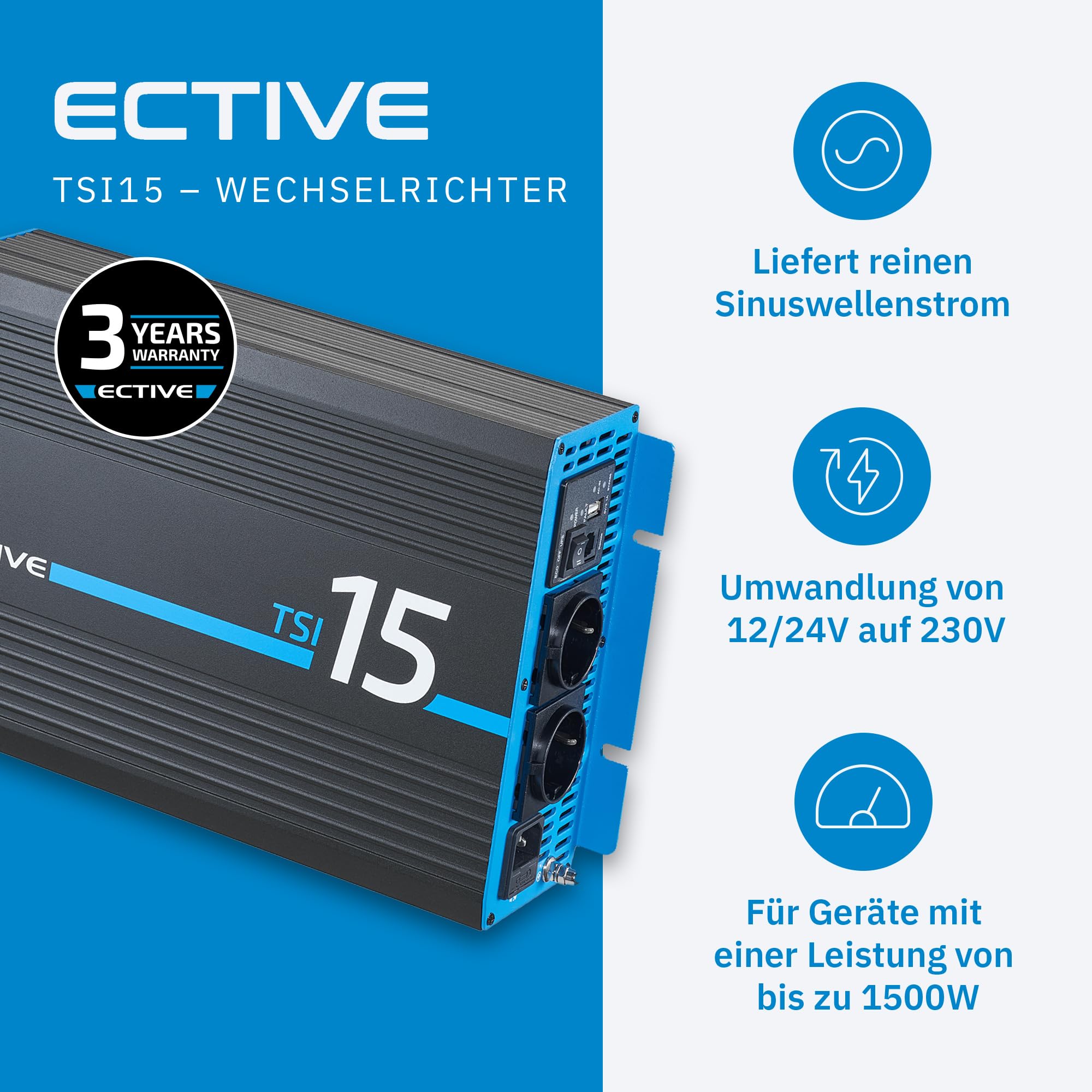 ECTIVE Wechselrichter 12V auf 230V TSI 15-1500W Reine Sinuswelle
