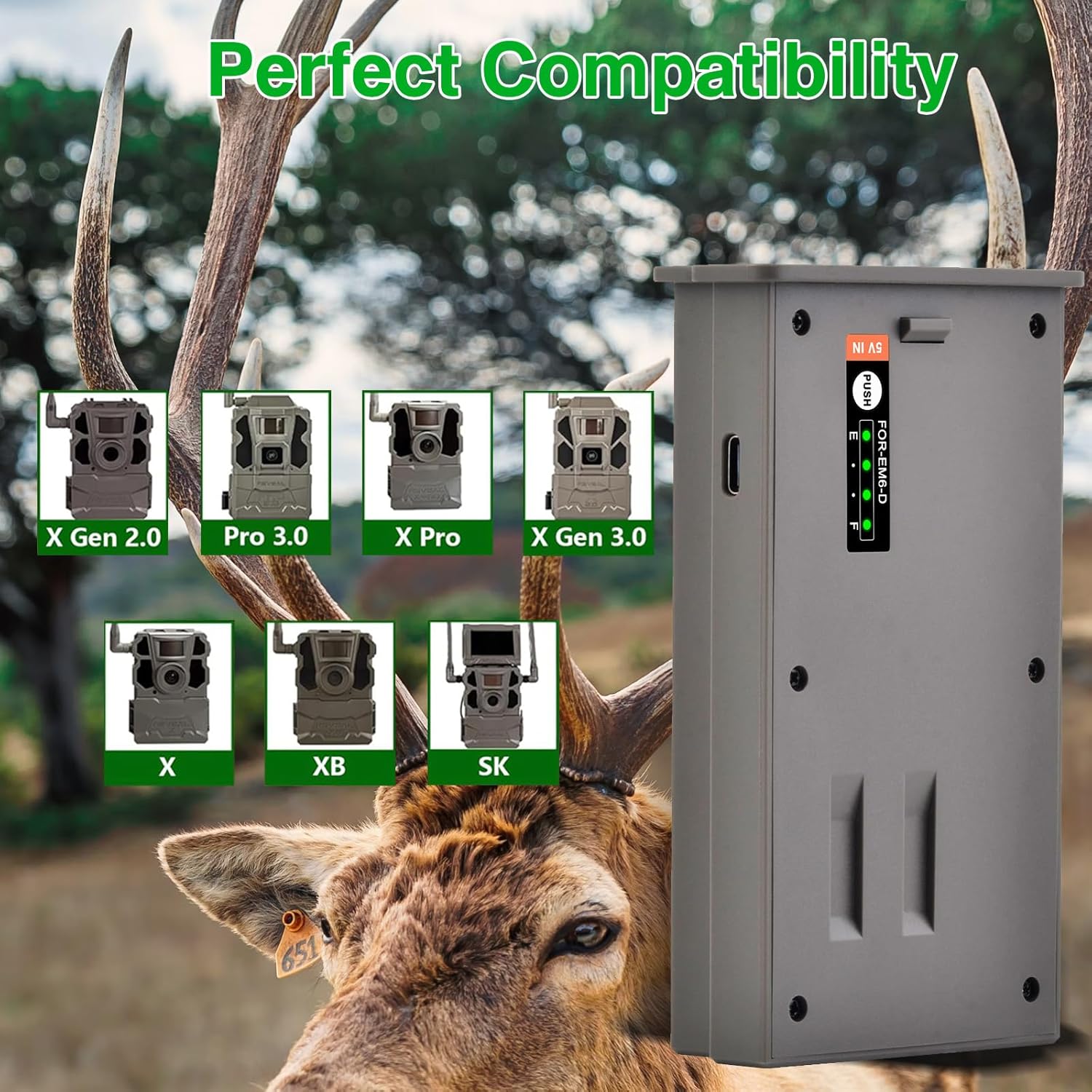 2 Pack EM6 6000mAh Reveal Trail Battery for Tactacam Reveal X Gen 3.0, 2.0, X Pro 3.0, Pro, SK, XB, SK Hunting Camera, Upgraded LED Meter & Solar Charging, Rechargeable Lithium Battery Pack