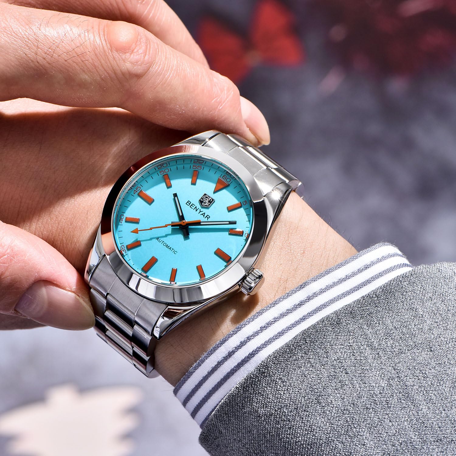 BENYAR Orologio meccanico automatico da uomo, modello 5218, quadrante in cristallo zaffiro, acciaio inossidabile, impermeabile 100 m, a carica automatica, orologio da polso da lavoro