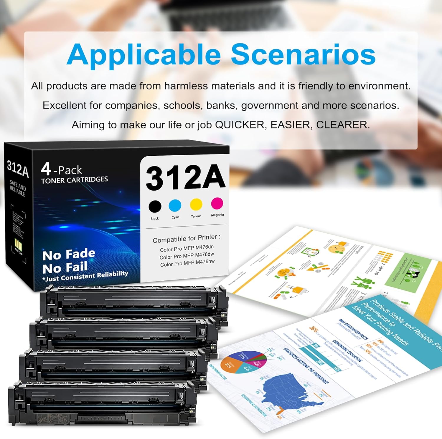 312A Toner Cartridges Black, Cyan, Magenta, Yellow 4 Pack Replacement for HP 312A Toner Works with Color Laserjet Pro MFP M476dn M476dw M476nw M476 Printer Ink