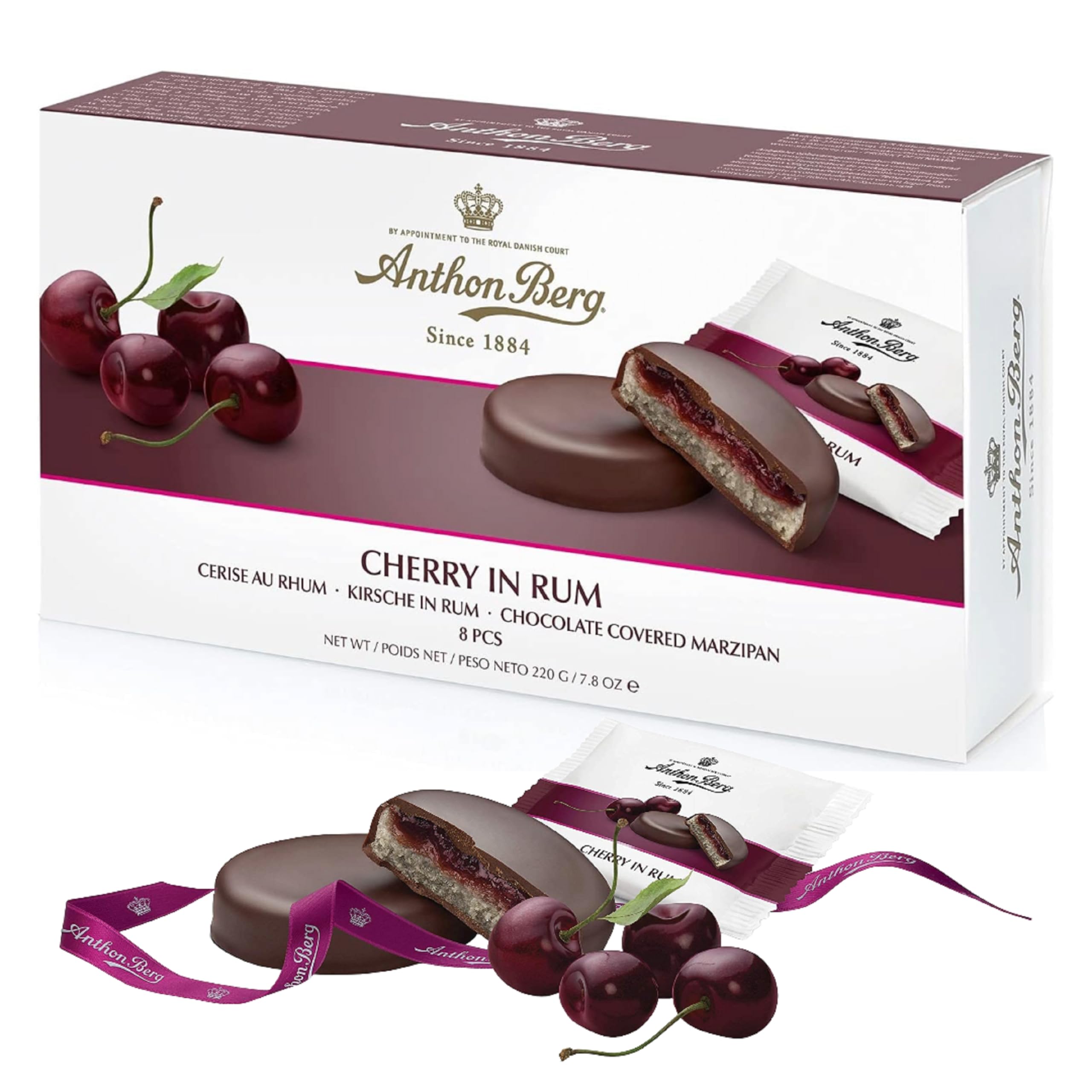 Marzipan Liqueur Chocolates Gift Box - Cherry In Rum Dark Chocolate Covered Marzipan 220g Chocolate Gift with Topline Card for Stocking Fillers, Secret Santa Gifts for Women, Birthday Gifts