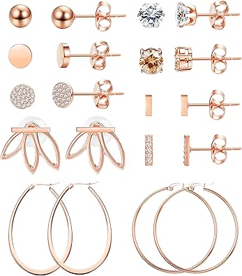 LOYALLOOK 10Pairs Rose Gold Plated Stud Earrings for Women Ball CZ Bar Stud Earrings Flower Earrings Stainless Steel Large Hoop Earring Set
