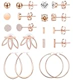 10Pairs Rose Gold Plated Stud Earrings for Women Ball CZ Bar Stud Earrings Flower Earrings Stainless Steel Large Hoop Earring Set
