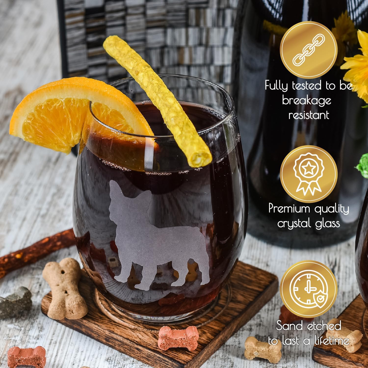 Greenline Goods French Bulldog Stemless Wine Glasses (Set of 2) - Unique for Dog Lovers - Etched 2-Sided Frenchie Silhouette with Breed Name on the Bottom - Image 3