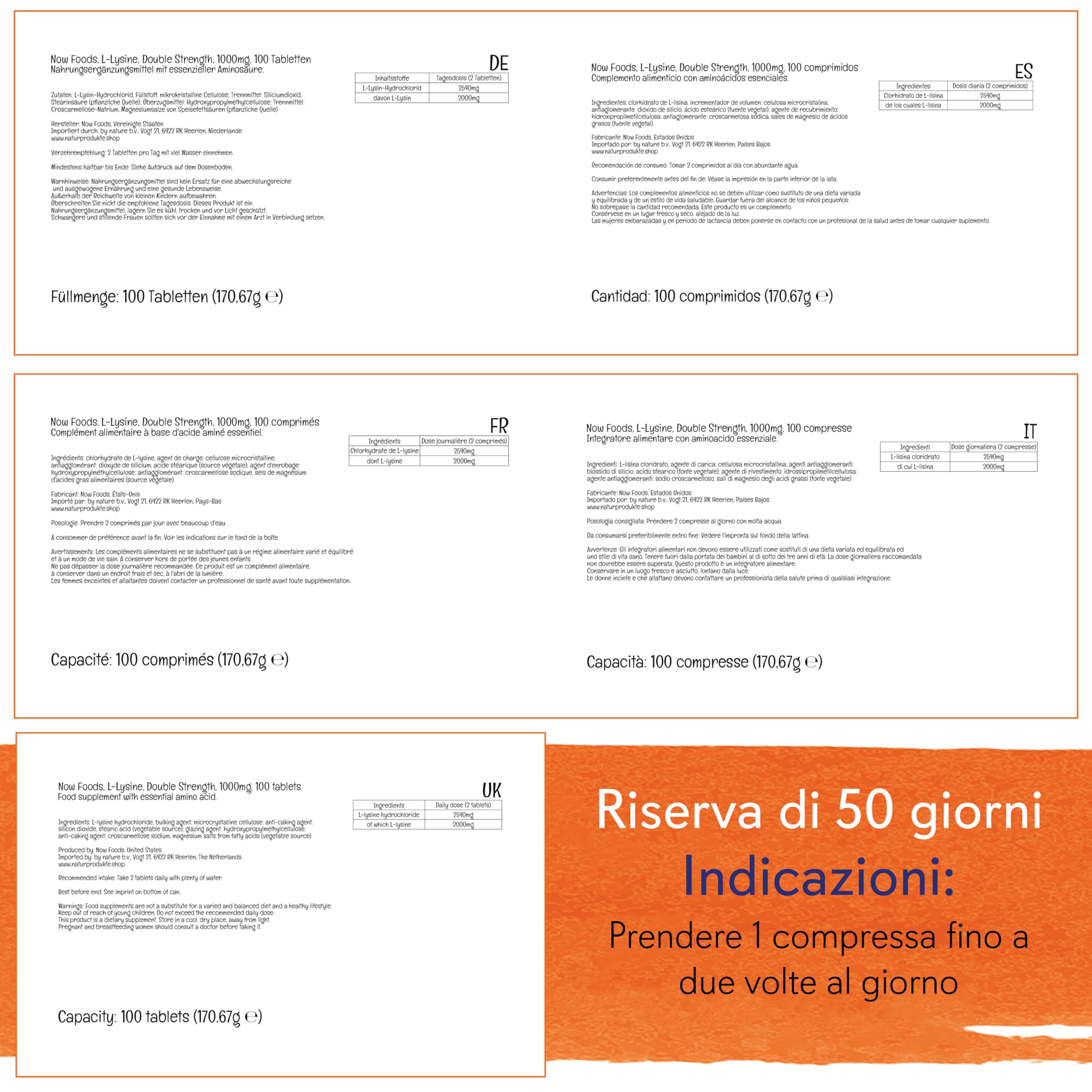 Now Foods, L-Lysine, Doppia Forza, 1.000mg, 100 Compresse vegan, Testato in Laboratorio, Aminoacido, Senza Glutine, Senza Soia, Vegetariano