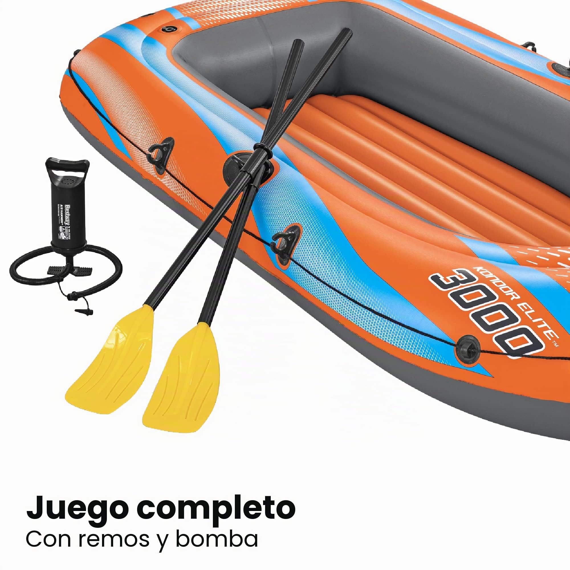 Bestway Kondor 3000 - Juego de balsa Inflable para 3 Personas, con Remo y Bomba de Mano/pie, Asas Resistentes y válvulas entrelazadas, 8.1 x 48 Pulgadas, 2.46 m x 1.22 m