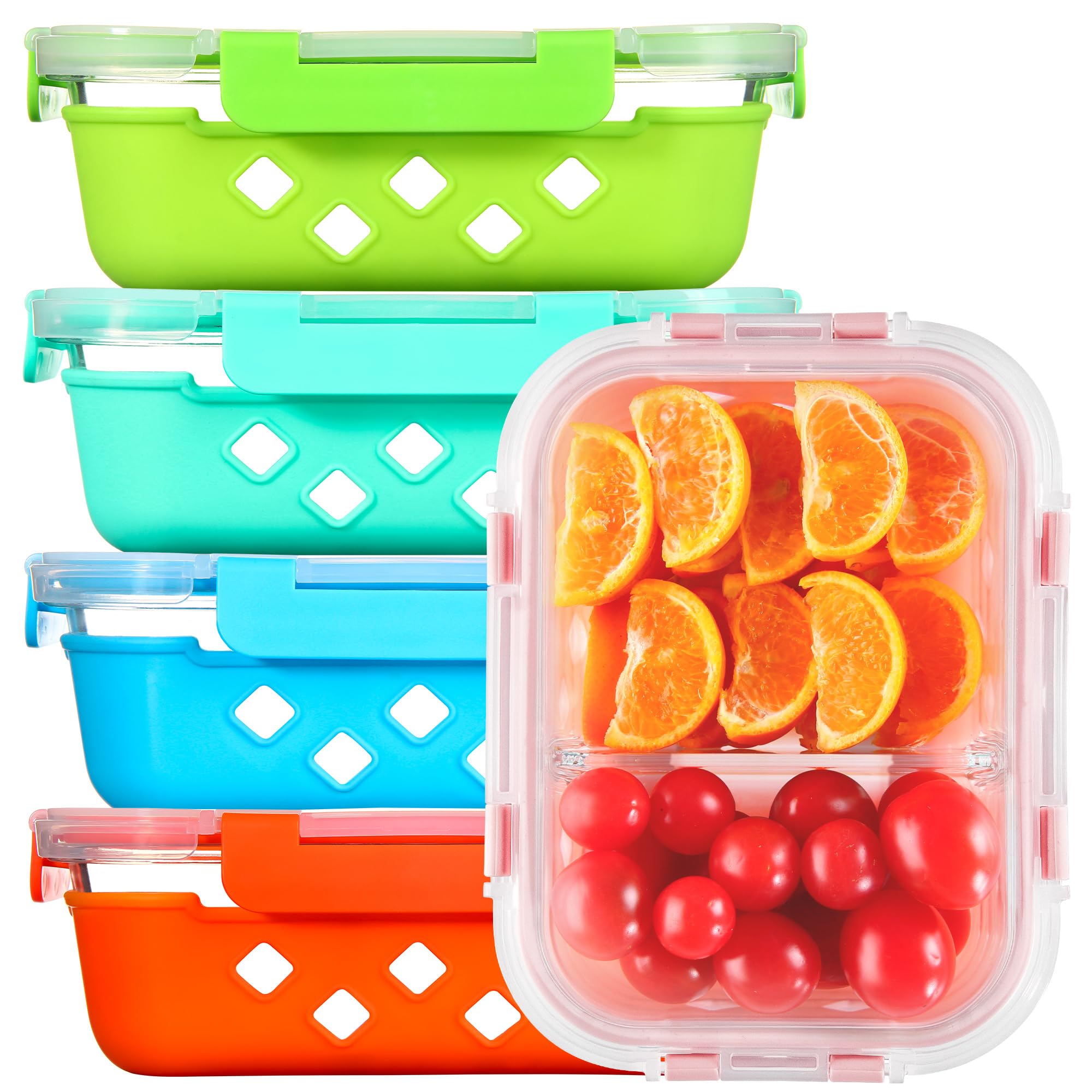 Divided Glass Storage Containers with Silicone Sleeve for Lunch, Glass Meal  Prep Containers Compartment with Lids (5 Pack, 34oz), Leak-Proof Portion
