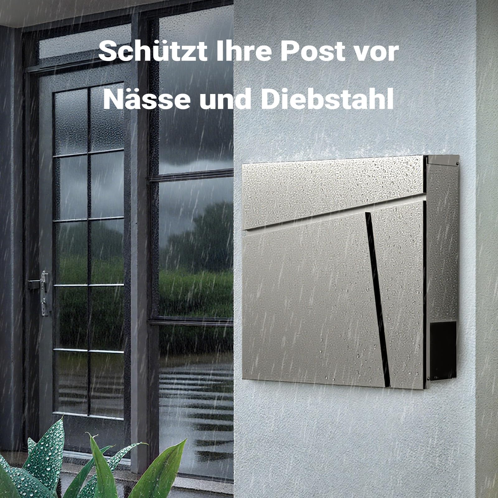 Wiltec Designer Briefkasten V23 Edelstahl 370 x 102 x 370 mm, Wandbriefkasten mit Schloss und Zeitungsrolle, Postkasten aus Stahl