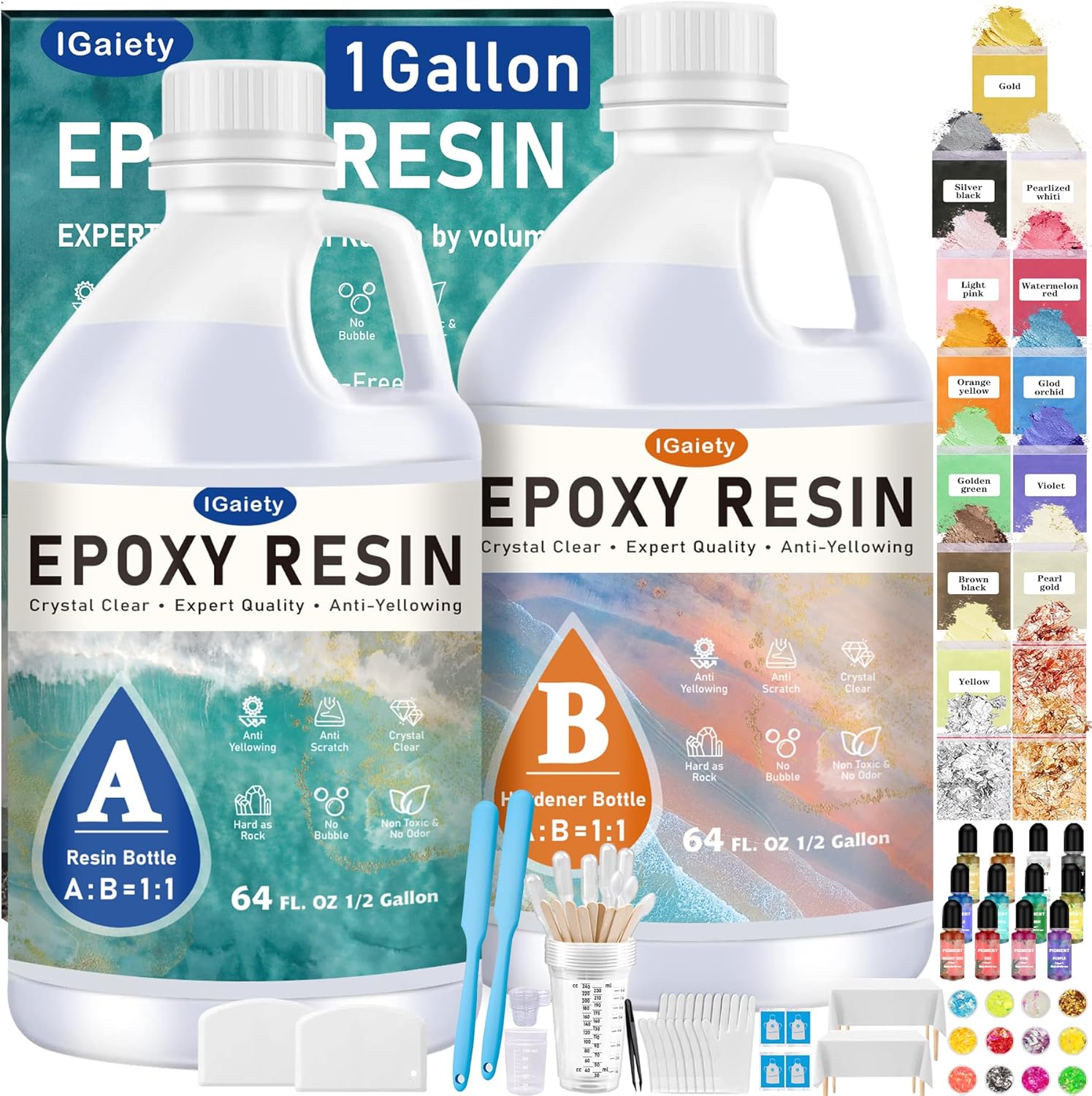 IGaiety 1 Gallon Epoxy Resin, Epoxy Resin Kit, Crystal Clear Epoxy Kit, No Yellowing Self-Leveling Deep Pour Epoxy Resin High-Glossy Casting Perfect for Crafts, Table Tops(0.5 Gallon x 2)