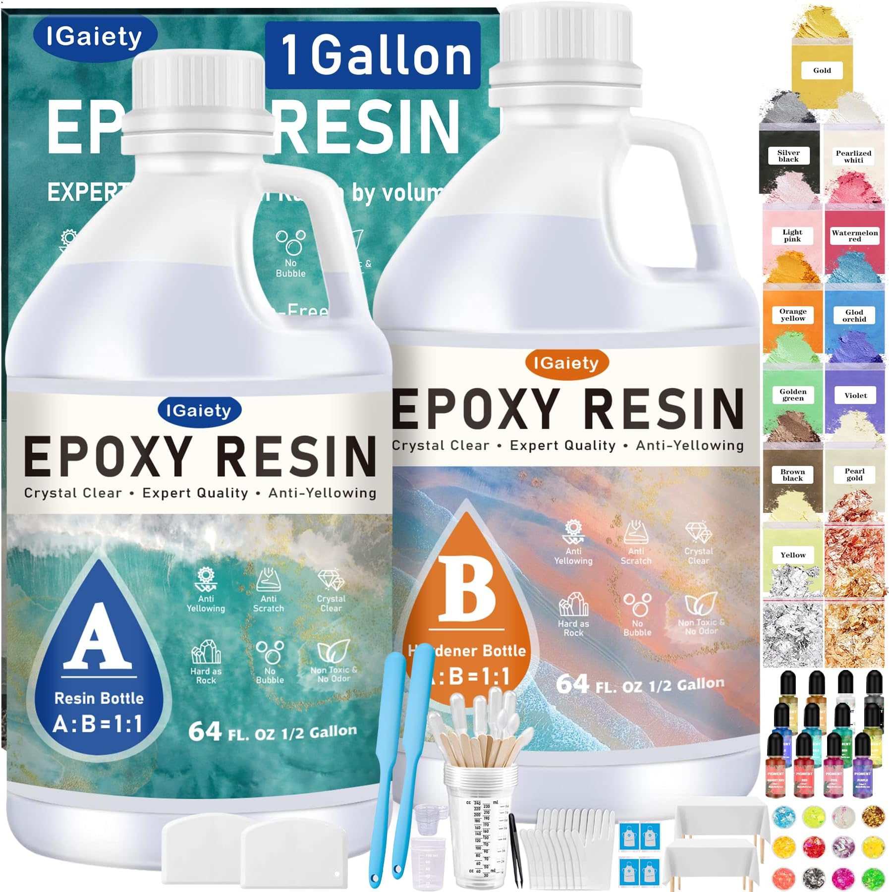 IGaiety 1 Gallon Epoxy Resin, Epoxy Resin Kit, Crystal Clear Epoxy Kit, No Yellowing Self-Leveling Deep Pour Epoxy Resin High-Glossy Casting Perfect for Crafts, Table Tops(0.5 Gallon x 2)