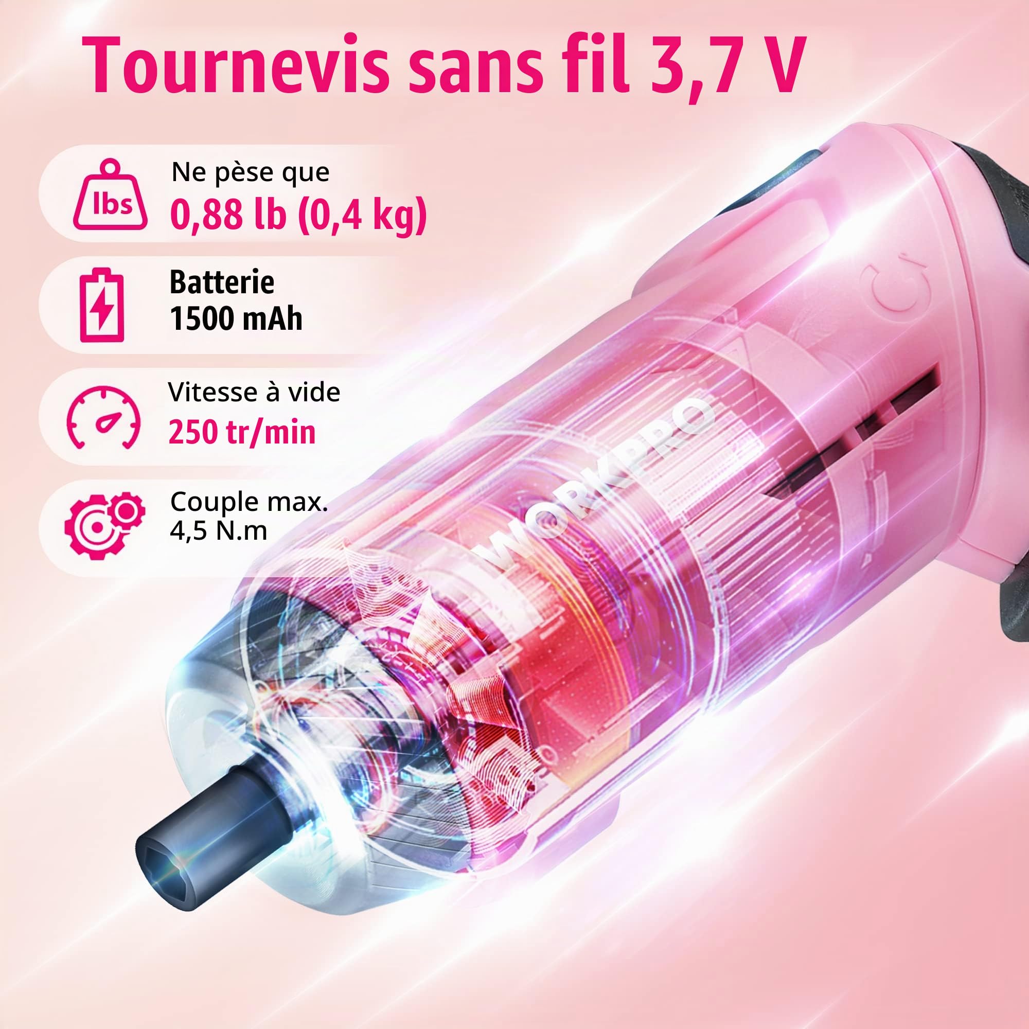 WORKPRO Caisse à Outils Rose 18 Pièces avec Tournevis Electrique 3,7 V | Trousse à Outils avec Boîte de Rangement, Mallette à Outils pour Usage Domestique ou Petits Travaux