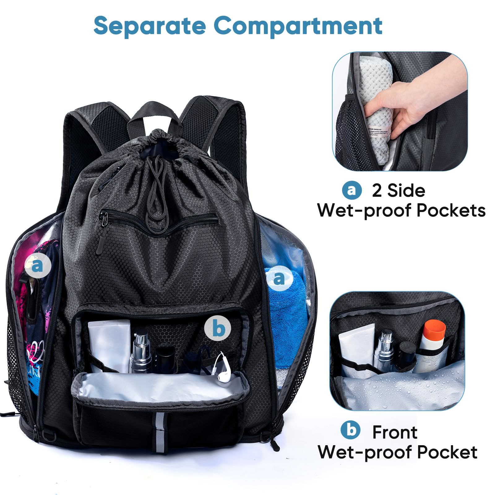 Mochila de playa grande impermeable a prueba de arena, bolsa de piscina con cordón de gran tamaño con compartimento para zapatos para artículos de tocador, toalla