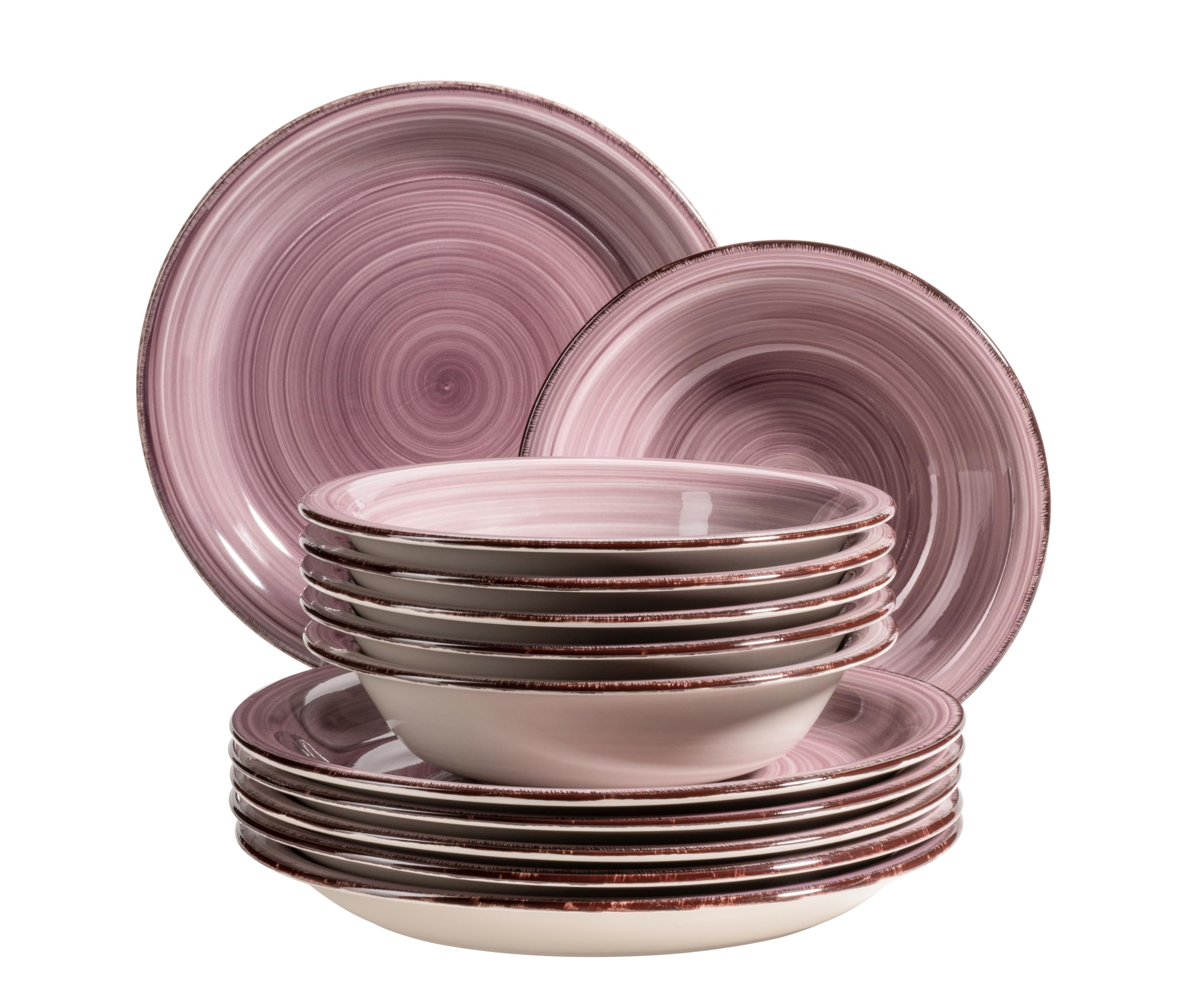 MÄSER 931951 Bel Tempo II, Teller-Set für 6 Personen im modernen Vintage Look, 12-teiliges Tafelservice, handbemalt im Lila Farbton Berry, Steingut
