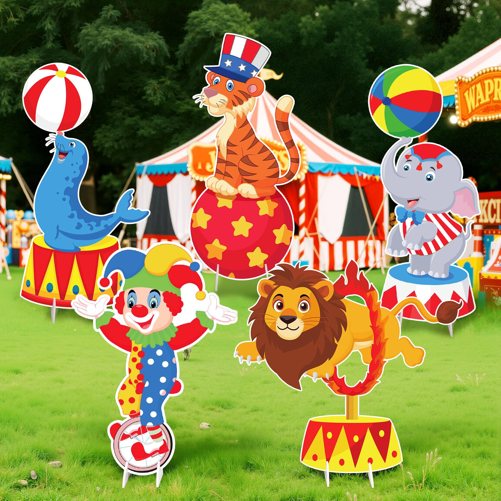 Capoda 5 Pcs Circus Animal Cardboard Cutouts 16.5 to 26.4 inch Carnival Circus Yard Signs Decoration Carnival Theme Birthday Party Decorations for Baby Shower Lawn Yard Decor